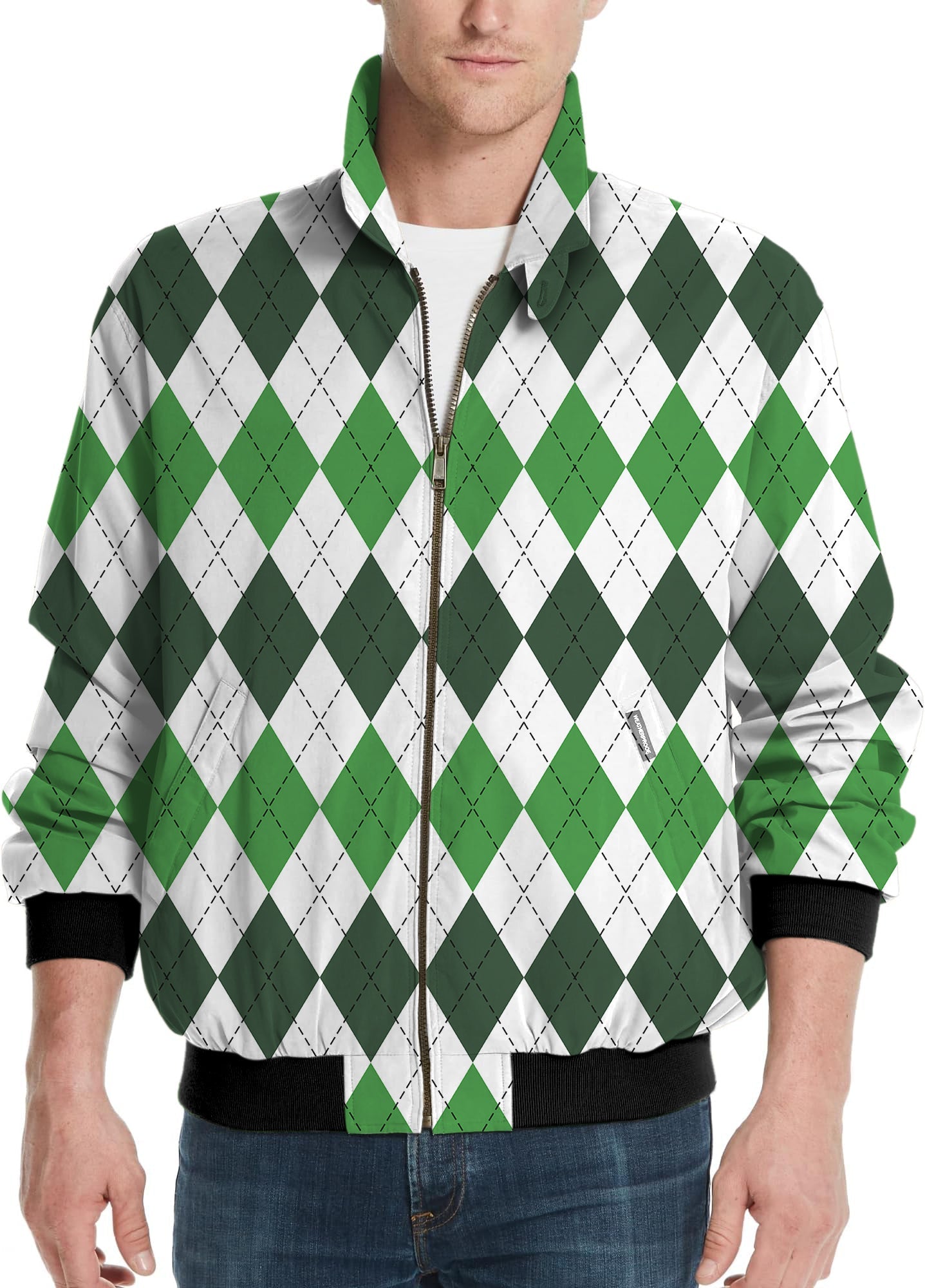 Men's St. Patricks day Argyle plaid golf windbreaker jacket with green and white diamond pattern