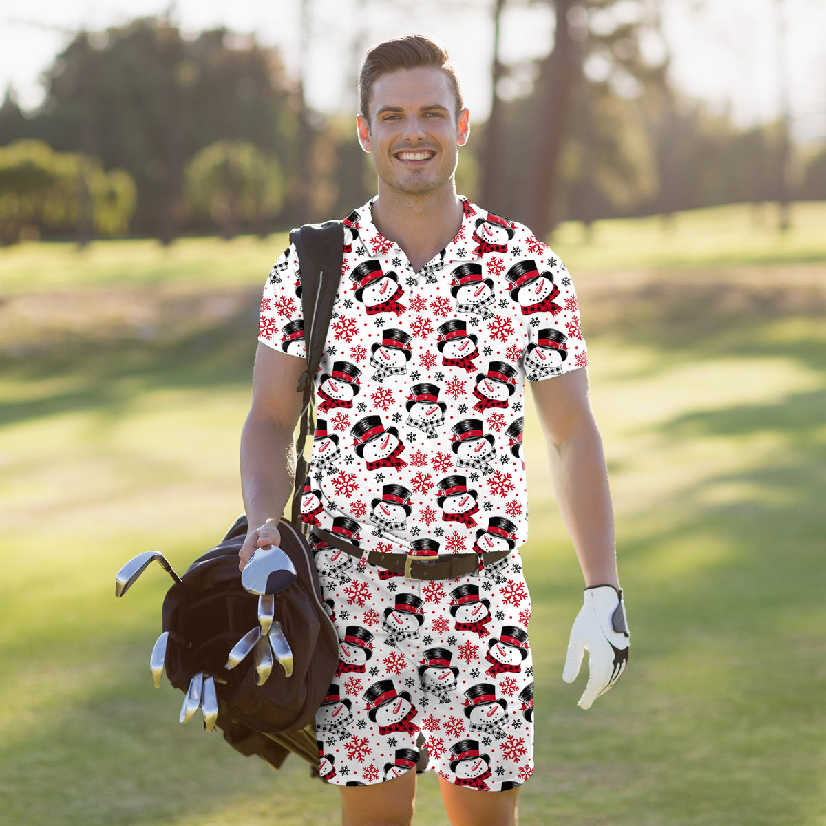 Men's Golf Set Polo+Shorts Christmas Snowman