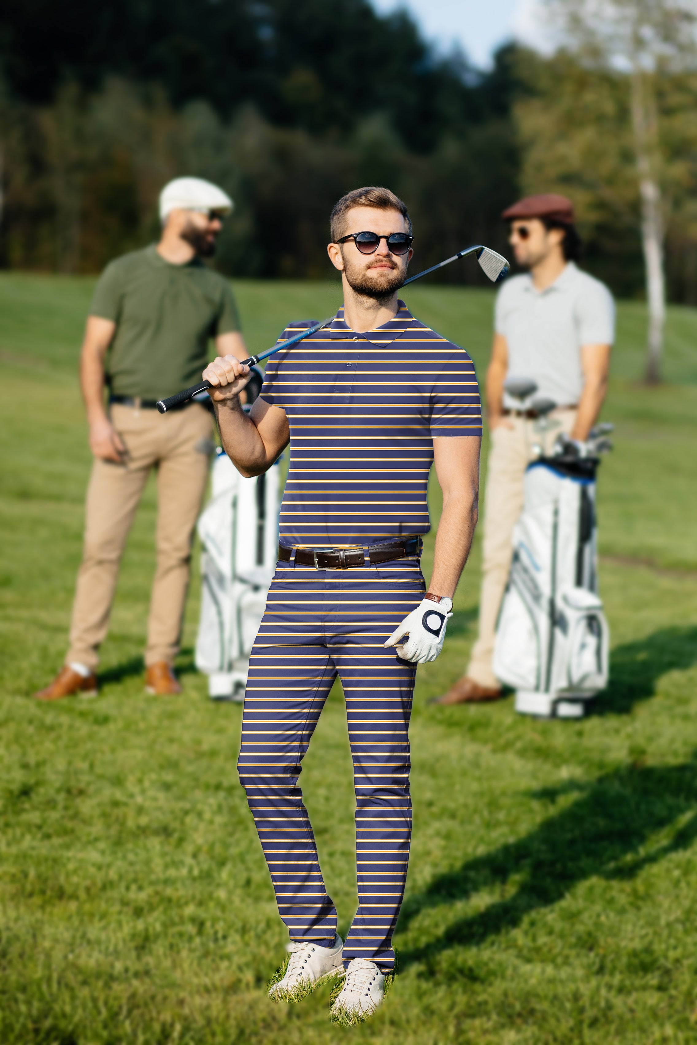 Men's Golf Set navy blue and orange striped polo and pants for comfort and style on the course