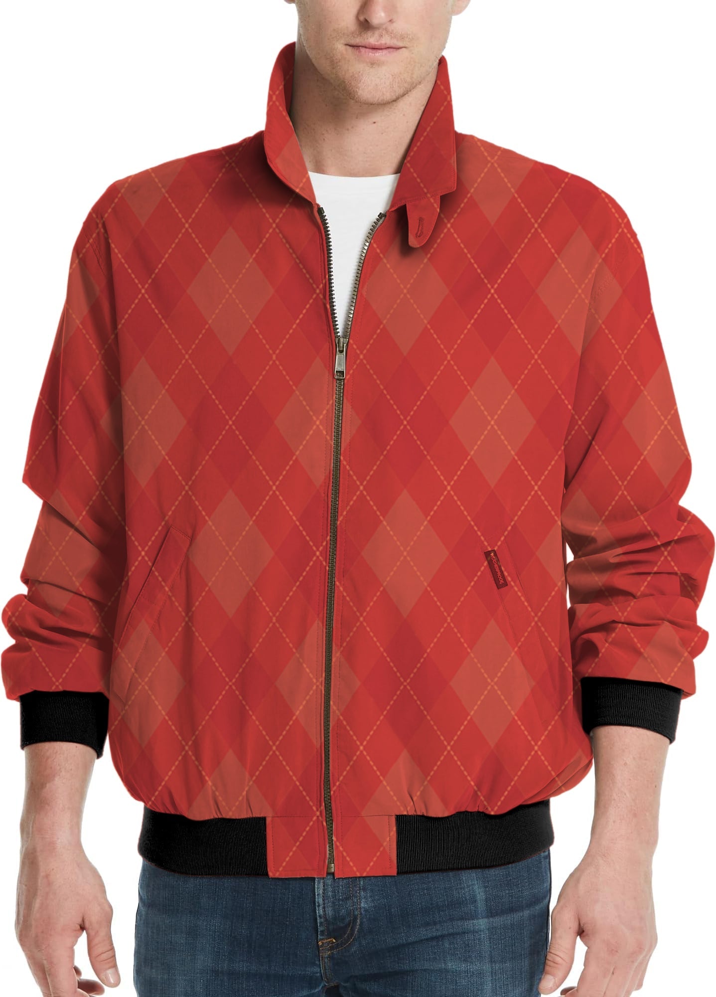 red argyle men's golf windbreaker light jacket with zipper front and black cuffs