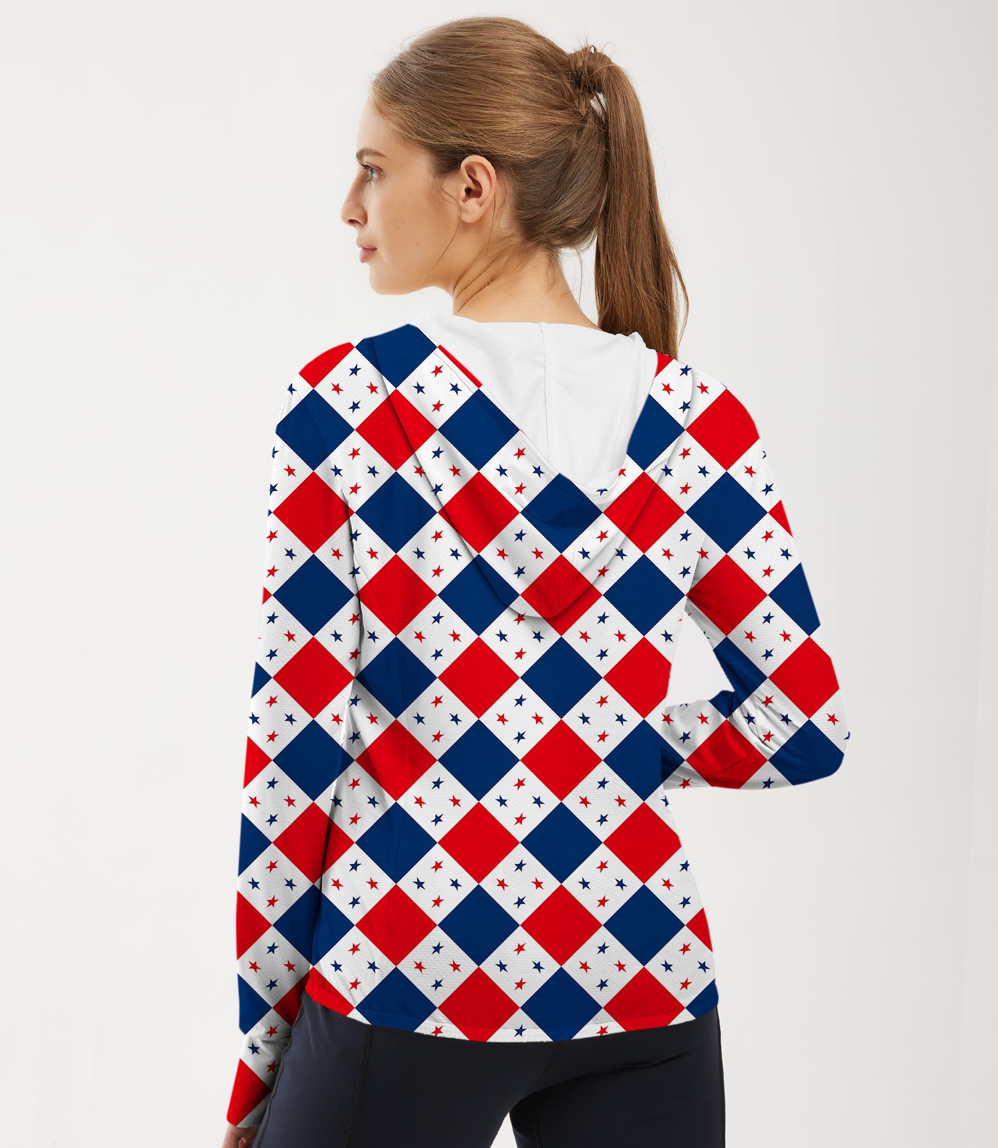 Women's outdoor argyle US star flag slim fit zip hoodie for sun protection