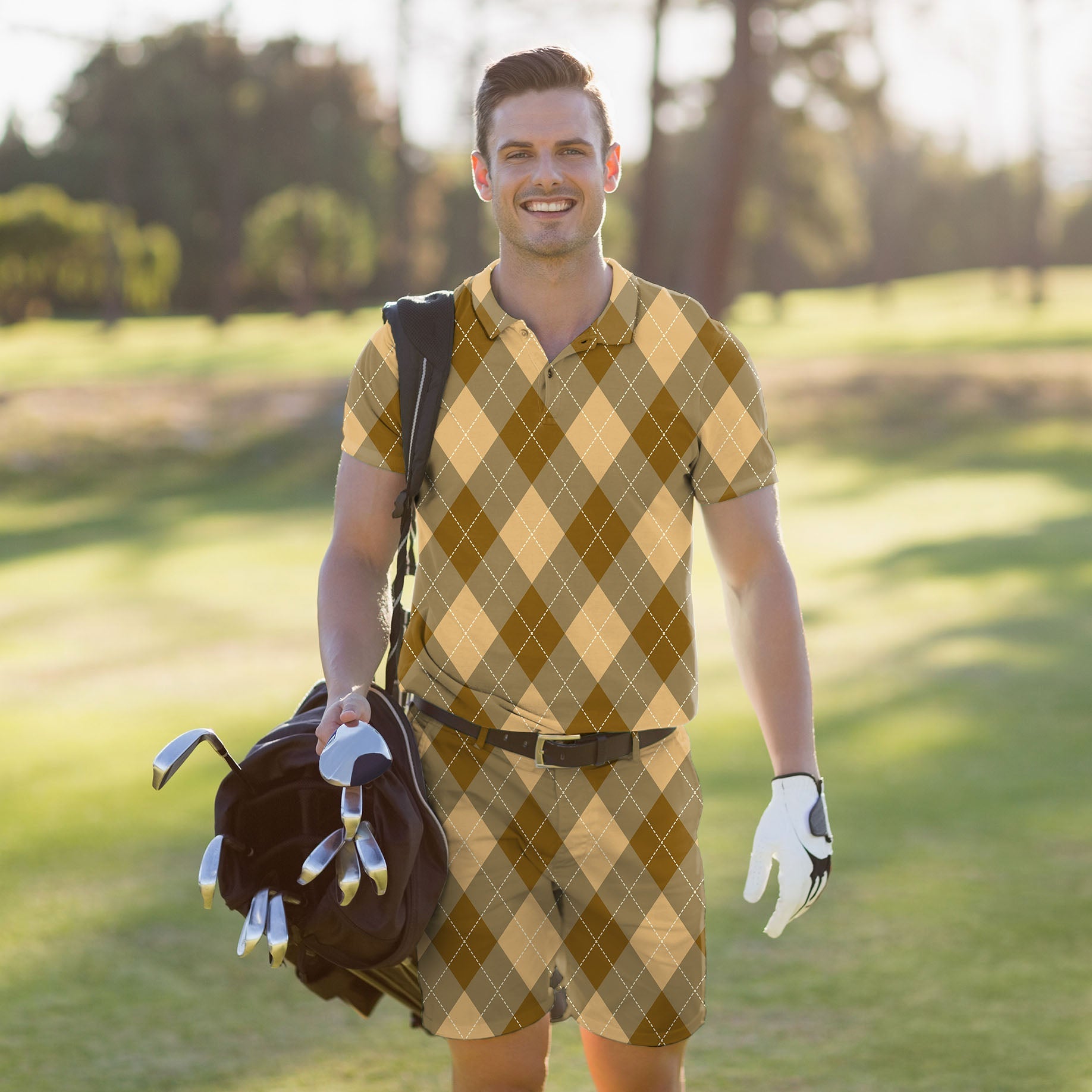 Men's golf set brown argyle polo and shorts with four-way stretch, moisture-wicking fabric, and UPF 40+ protection