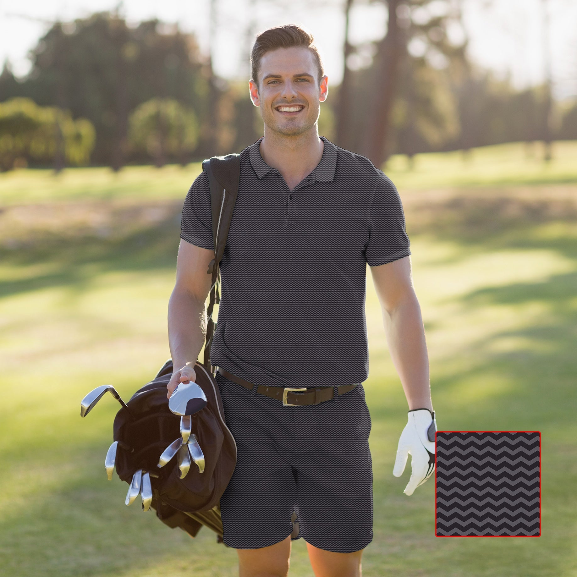Men's golf set featuring brown waves polo and shorts with four-way stretch, moisture-wicking, UPF 40+ protection, and wrinkle resistance