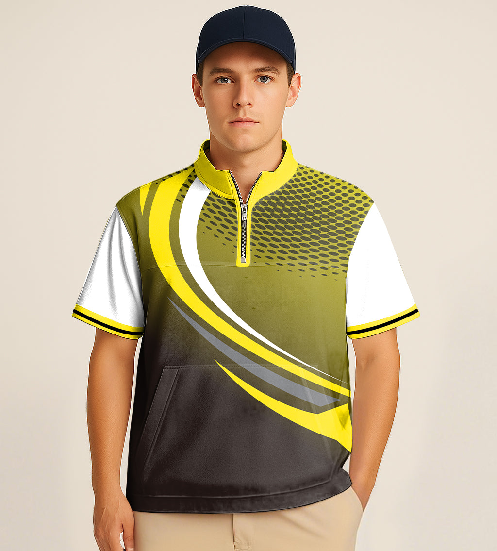 Man wearing yellow and black half zipper turtleneck golf shirt with custom sport team design and embroidery