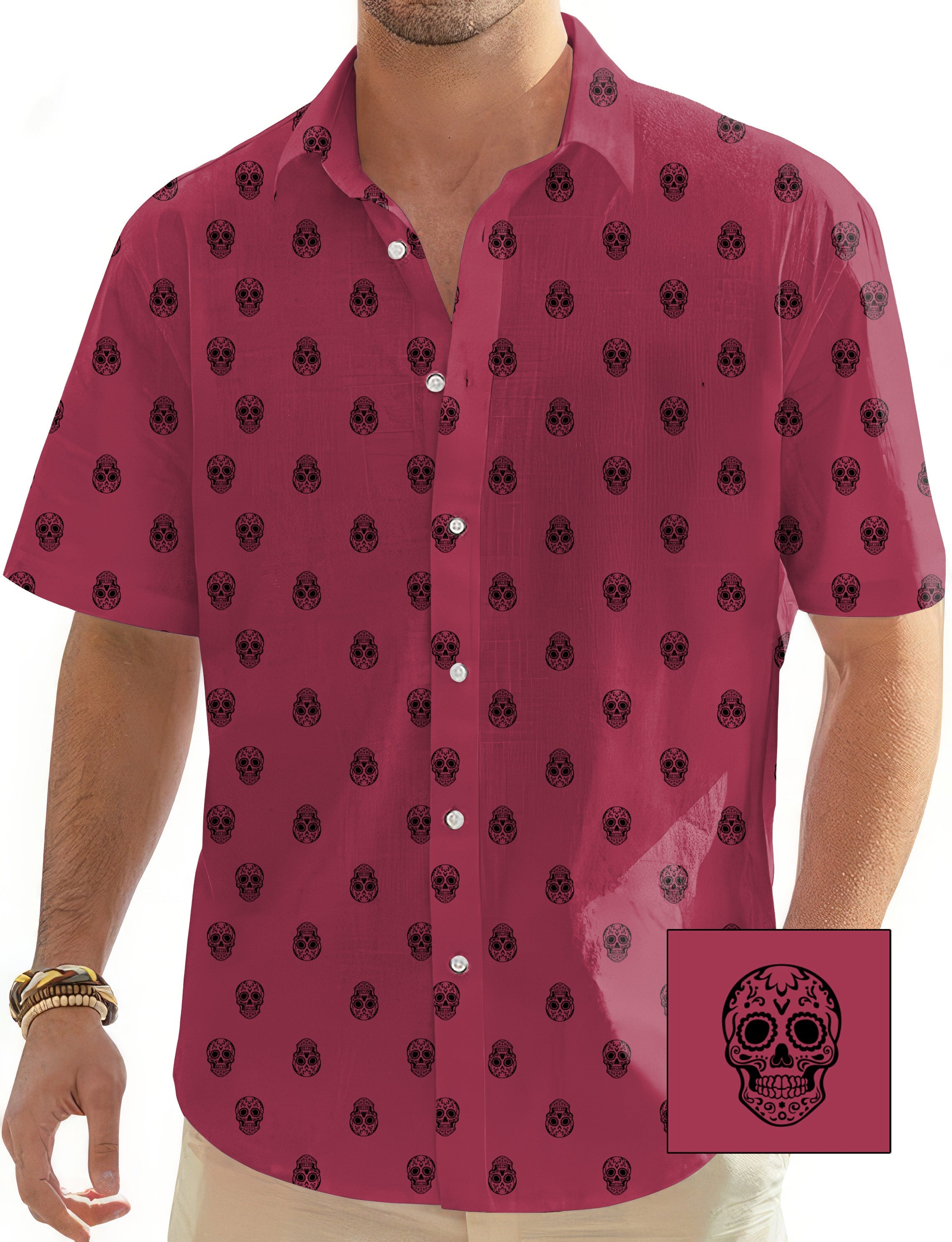 Men's Skull Custom Hawaiian shirt in red with black skulls, button-down short sleeve golf shirt