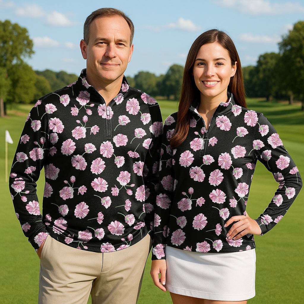 Flower Couple Golf Active 3/4 zip top with pink floral design, lightweight, sun-safe, and stretchy for comfortable golf wear