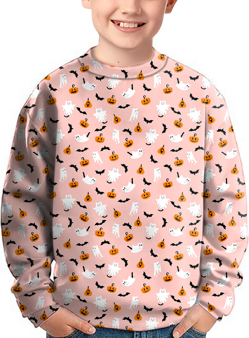 Kids Halloween kawaii ghost and pumpkin print crewneck pullover sweater