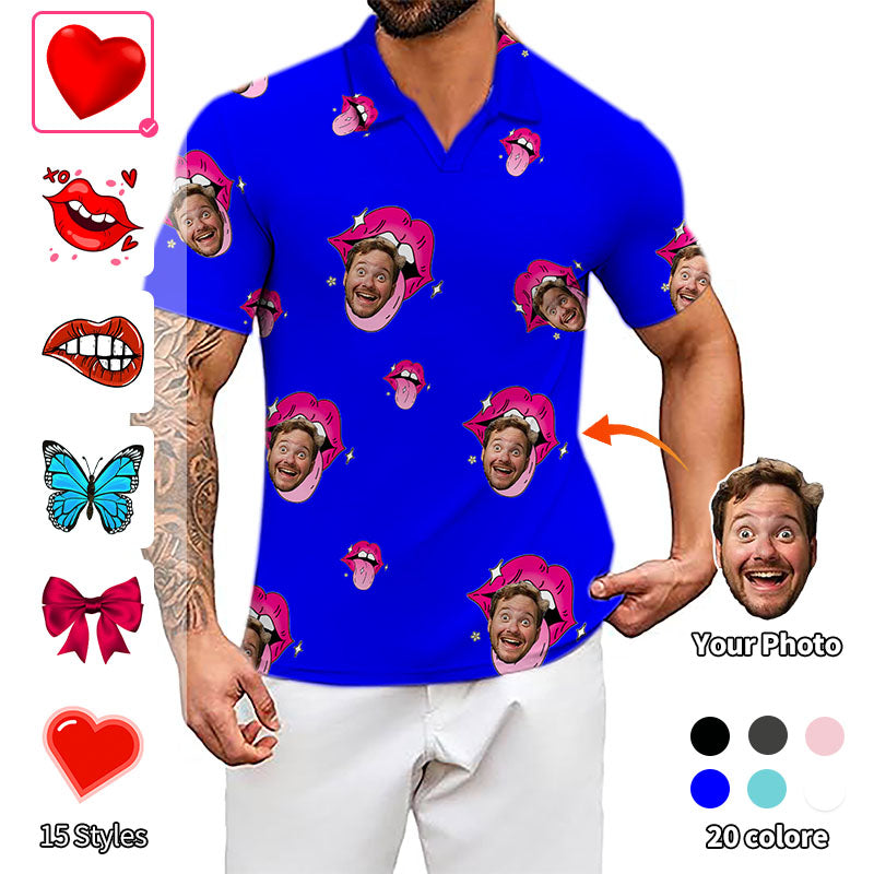 Valentine's Day men's custom photo face royal blue V-neck golf polo shirt with personalized design and stretchy, moisture-wicking fabric