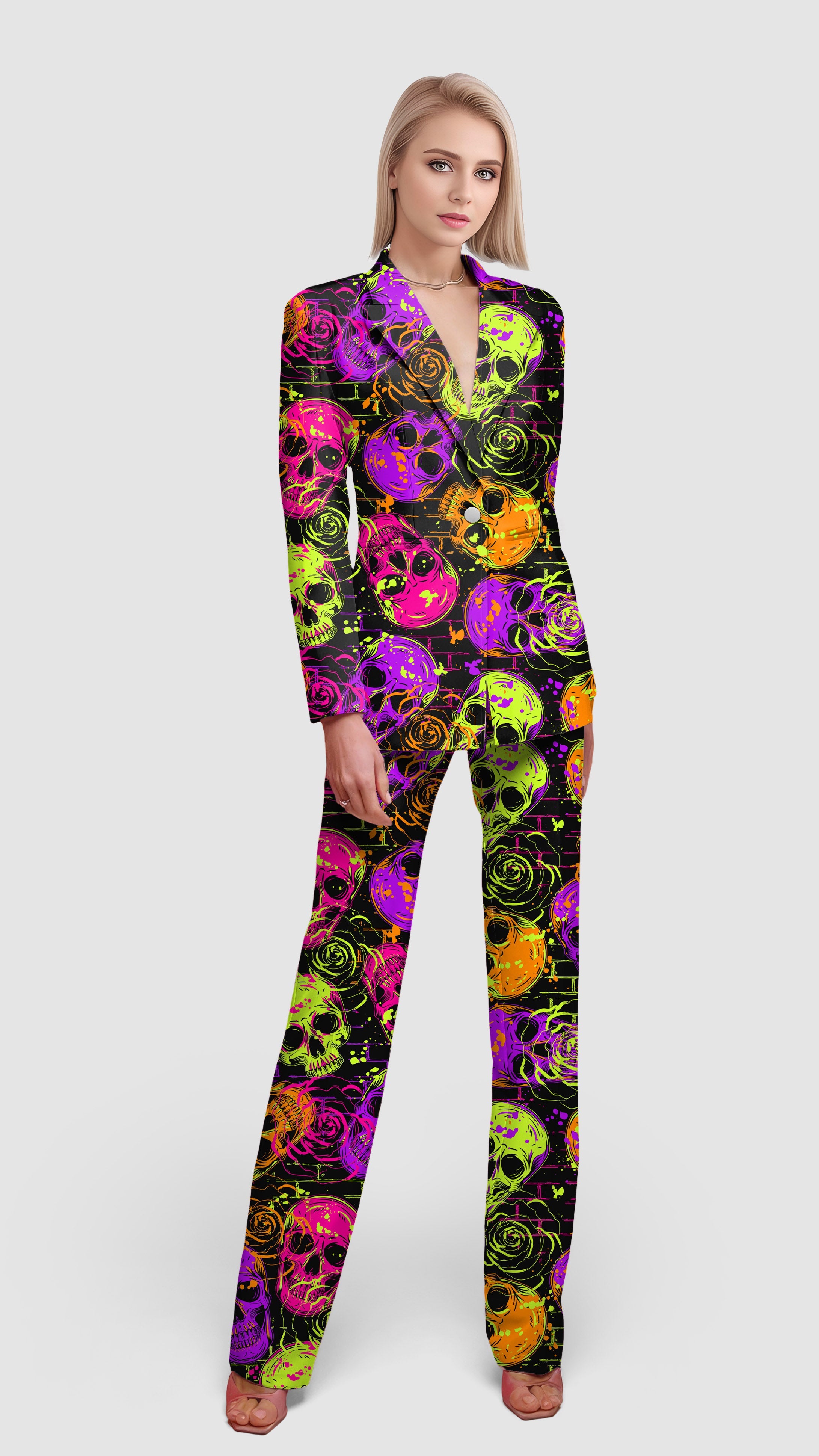 Halloween colors skull women's blazer suit with lapel collar and skull print design