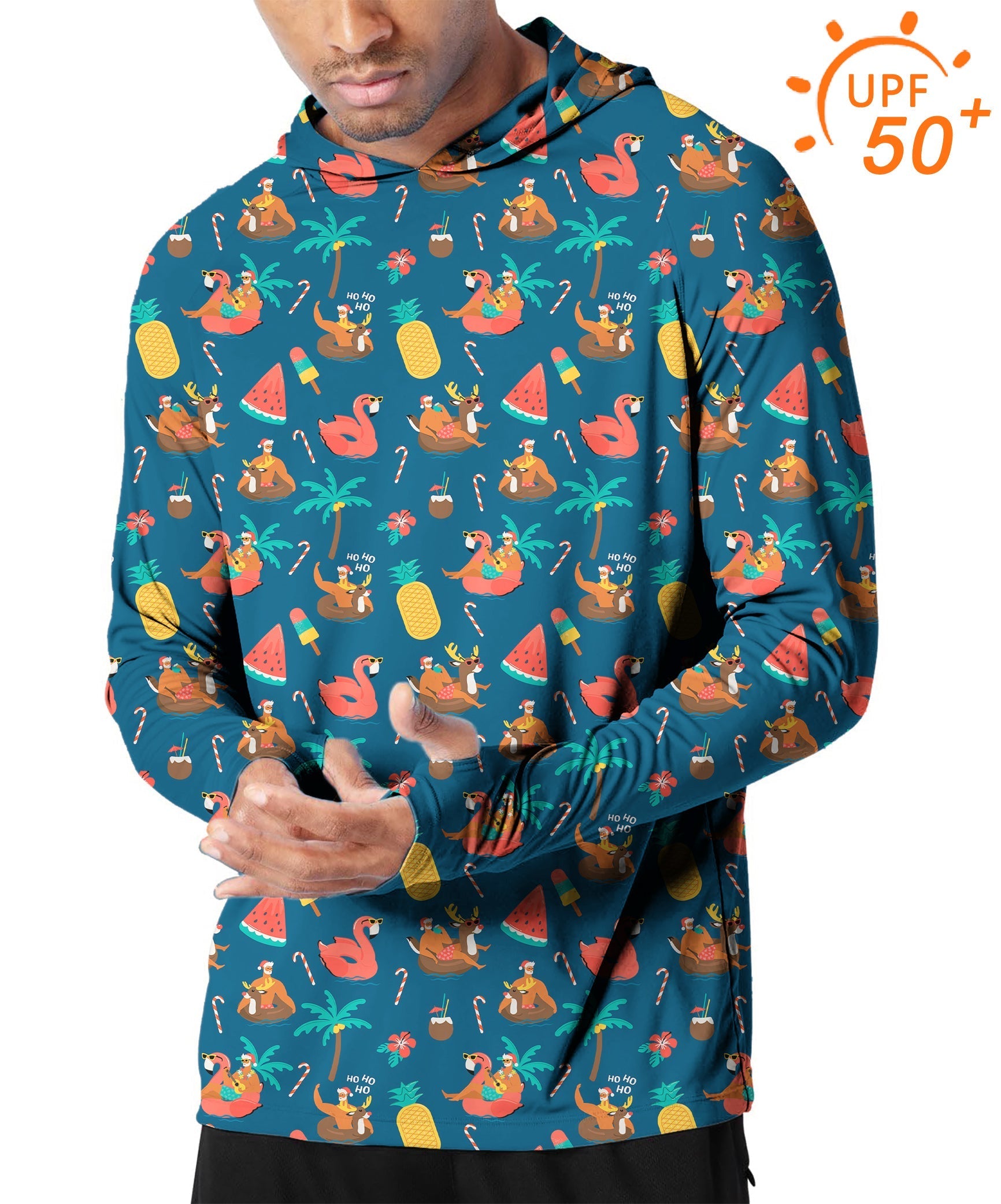 Men's slim fit outdoor Christmas Santa reindeer hoodie with UPF 50+ sun protection for summer golf and outdoor activities