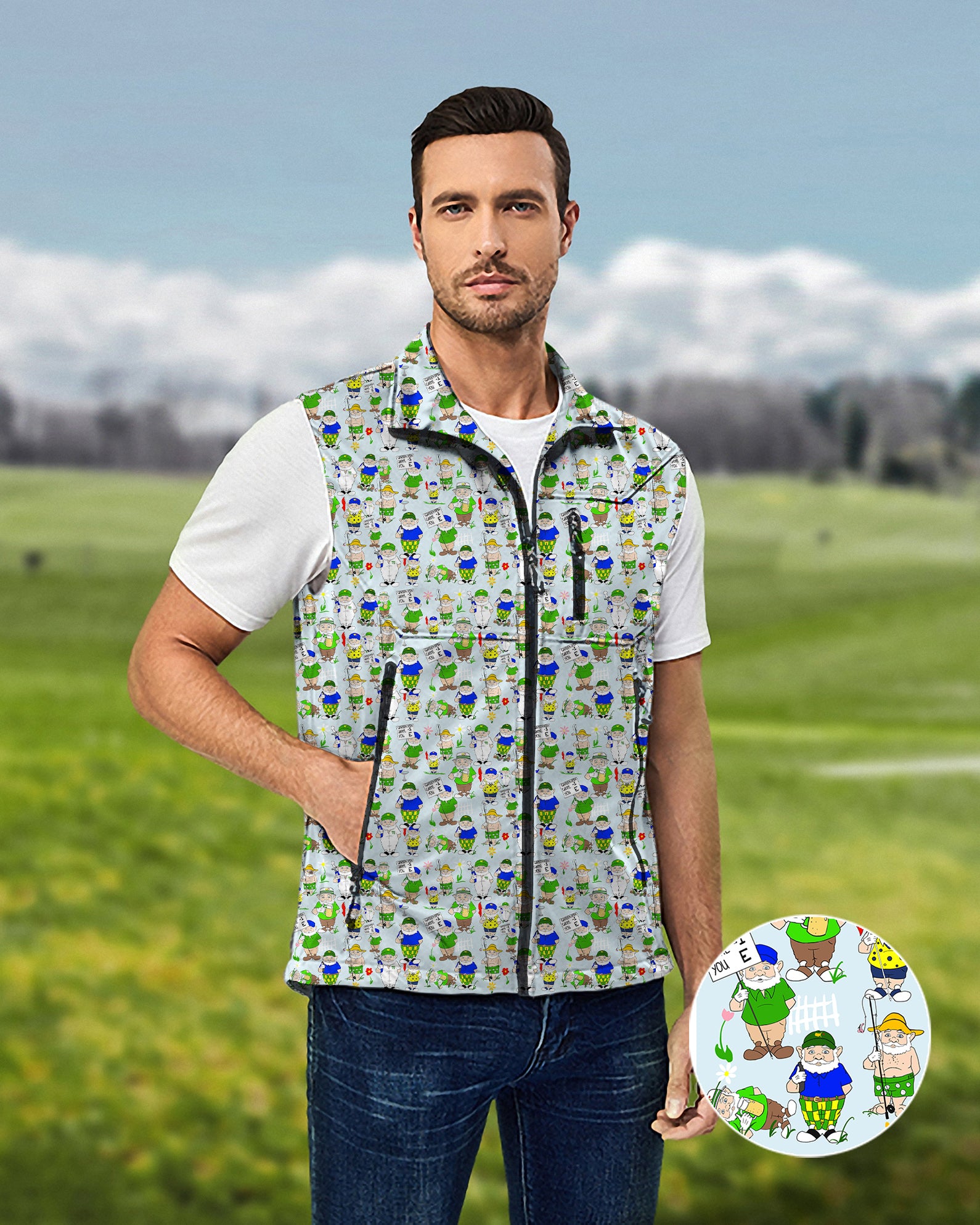 Men's Gnome Garden Open Designer style Lightweight Softshell Vest Sleeveless Jacket for Golf Windproof Waterproof