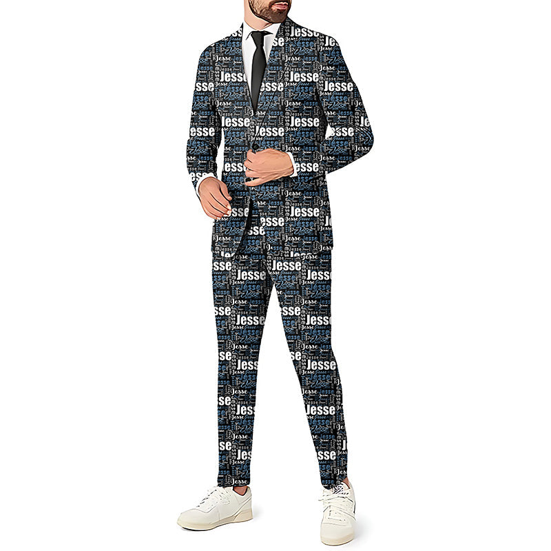 Custom repeat name men's party suit set with blazer, pants, and vest in black and white text pattern