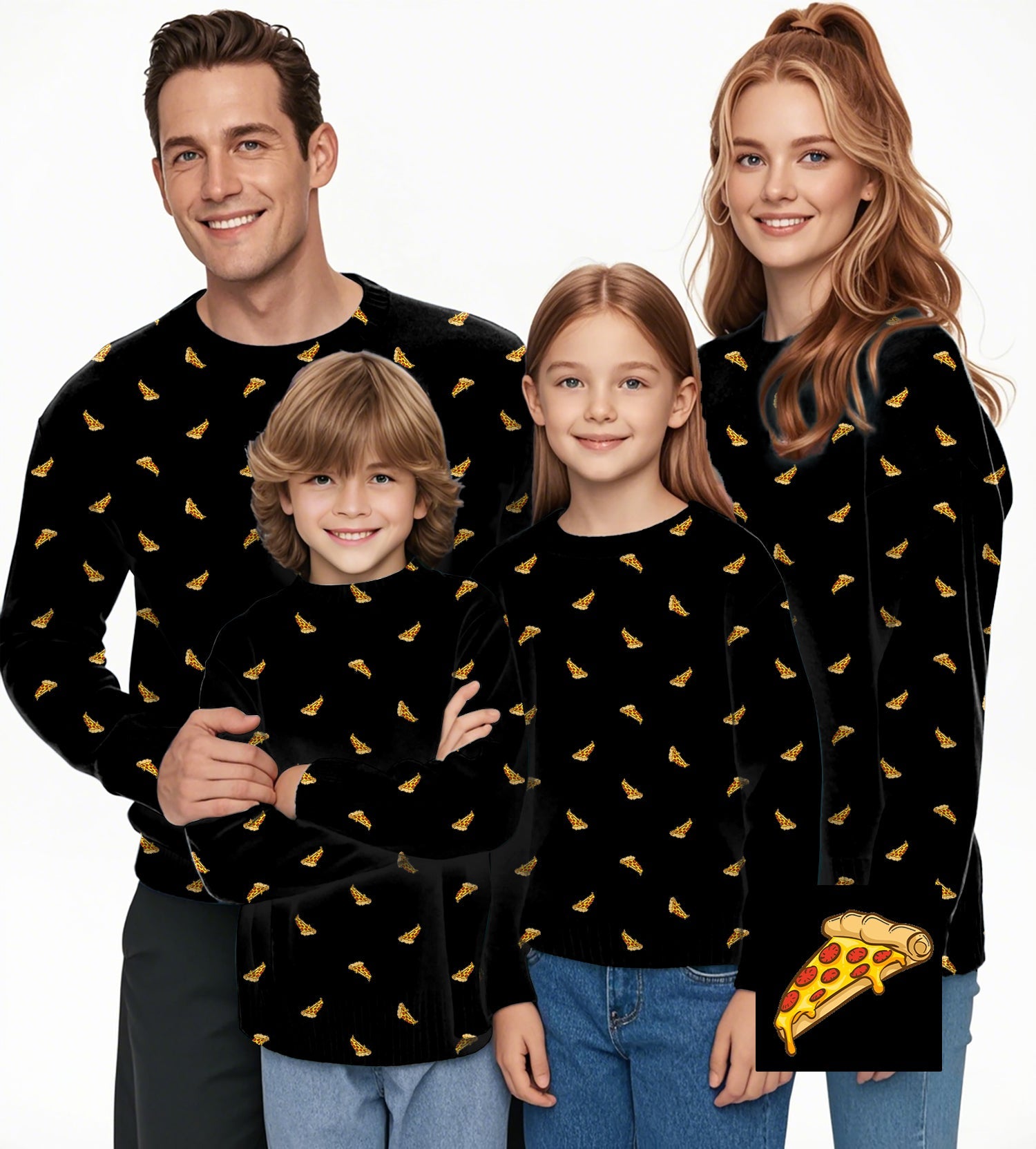 Family wearing black crewneck pullovers with white pizza slice pattern custom ugly sweaters