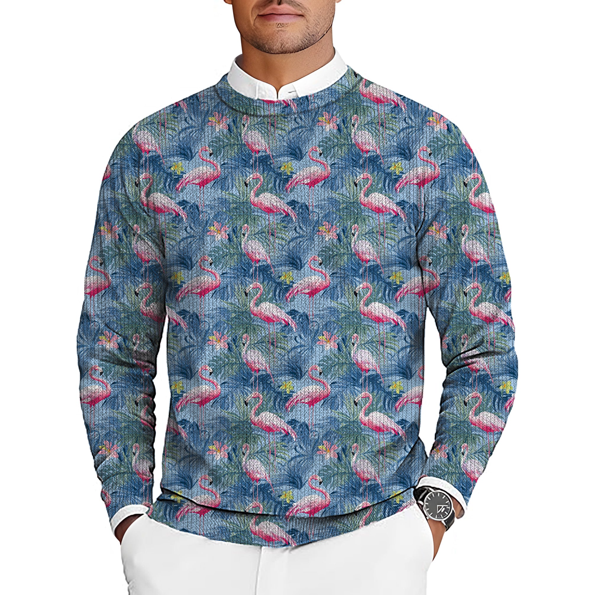 Tropical birds pink flamingo Men's Golf Crewneck Pullover Sweaters Ugly Sweater