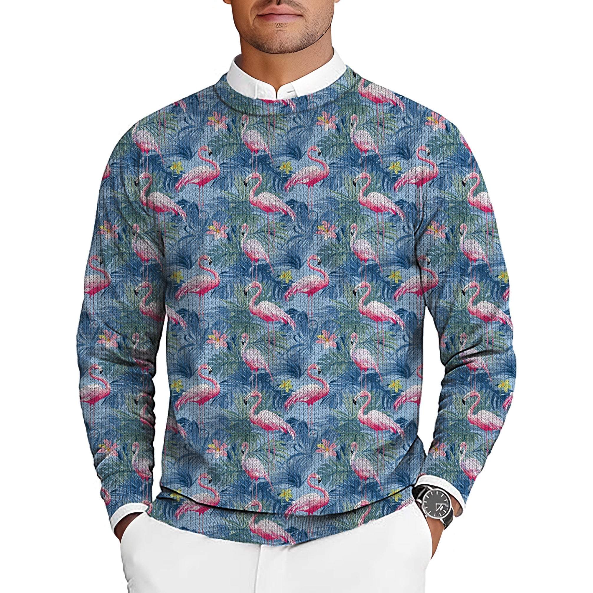 Men's tropical birds pink flamingo golf crewneck pullover sweater with long sleeves and elastic ribbed cuffs