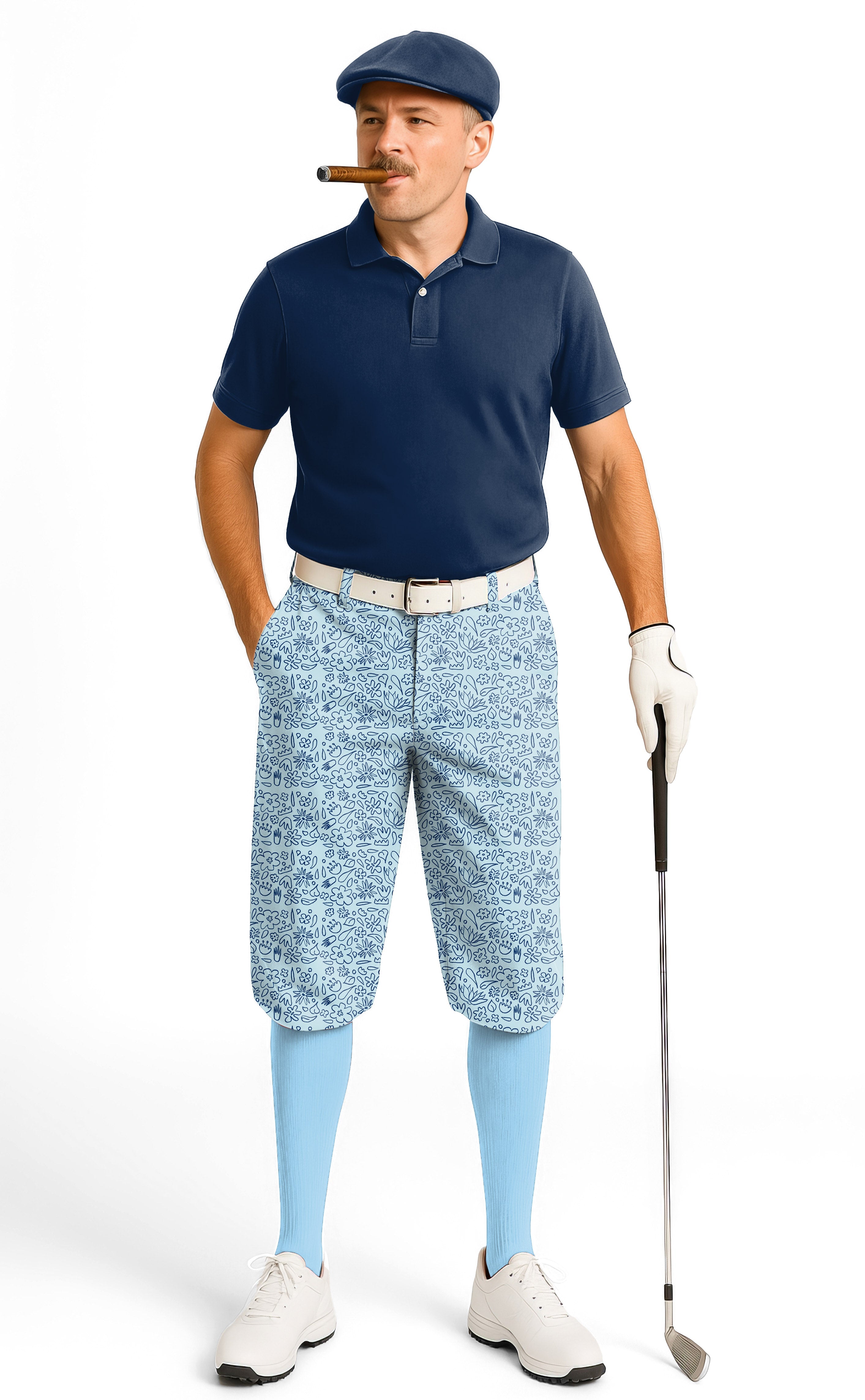 Men's golf knickers pants with simple blue flower drawing, soft breathable fabric, and adjustable velcro design
