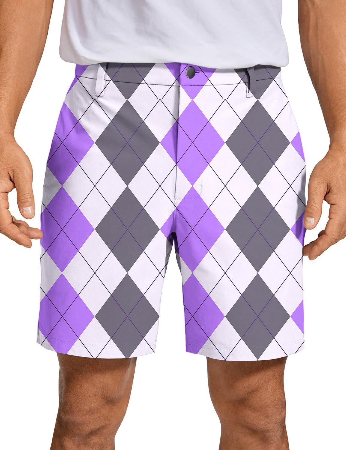 Men's purple grey argyle golf shorts with breathable, quick-dry fabric and two-way stretch for comfort and style