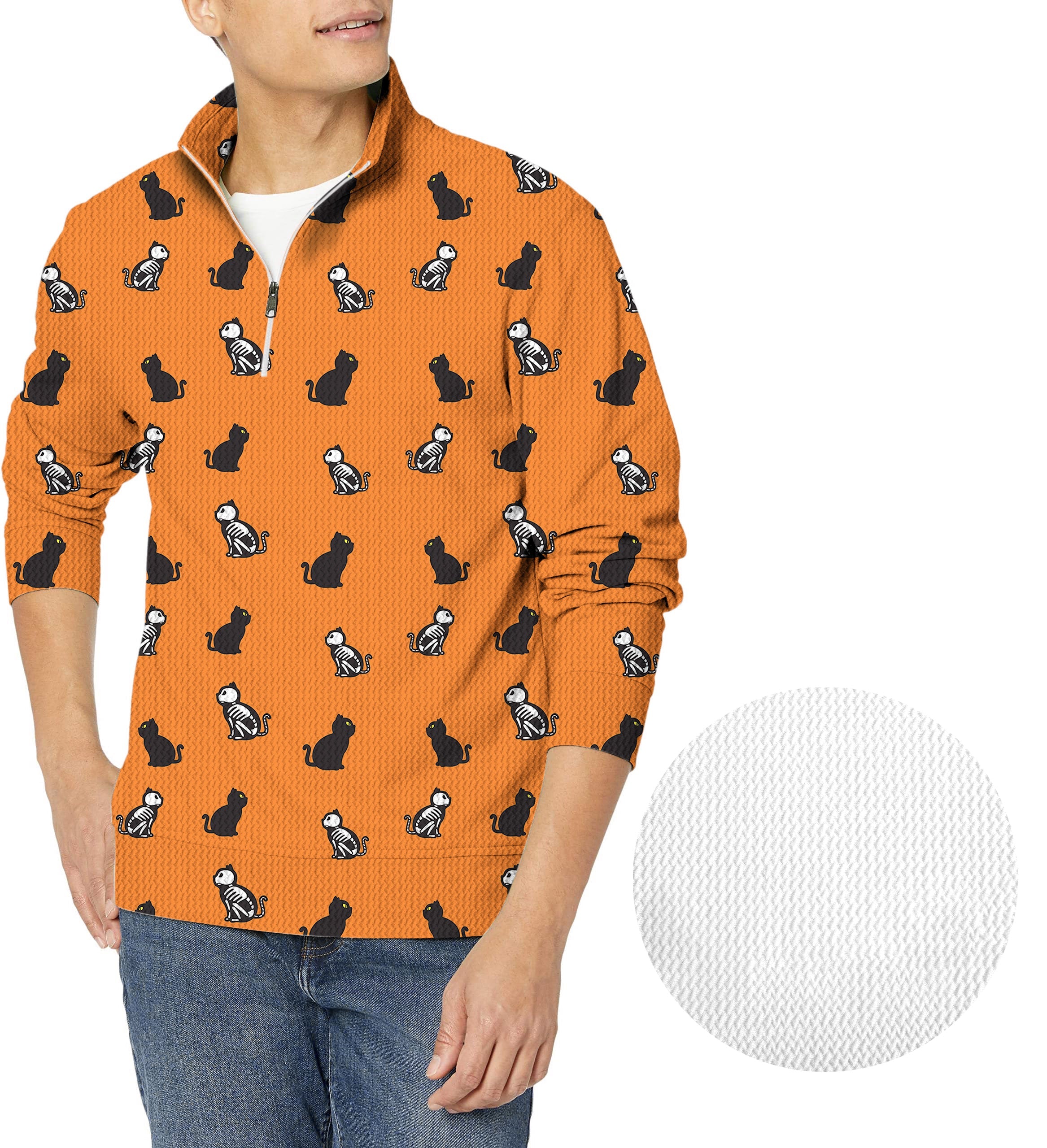 Men's golf waffle zipper pullover with Halloween skull and cat pattern on orange background