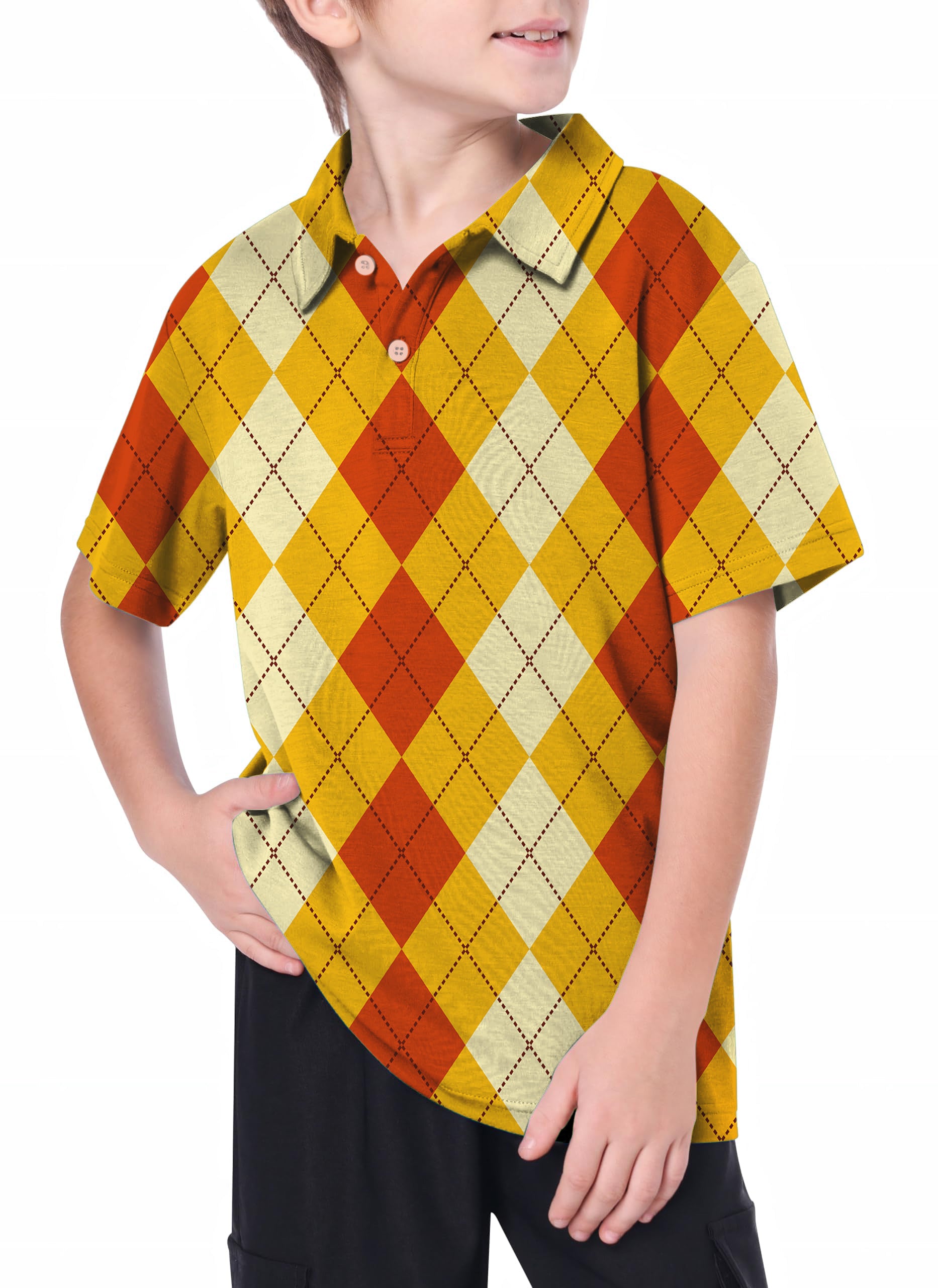 Youth golf polo with yellow and red argyle pattern, moisture-wicking and UPF 40+ protection