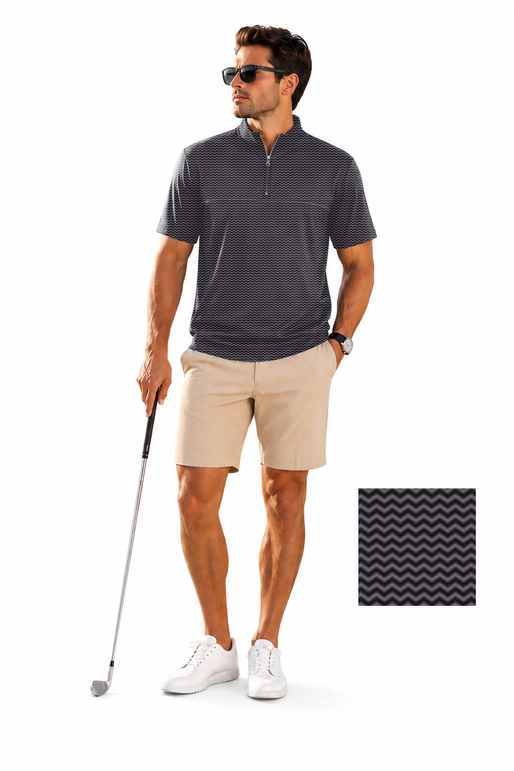 Men's Short Sleeve Quarter Zip Golf Pullover Brown Waves Embroidery