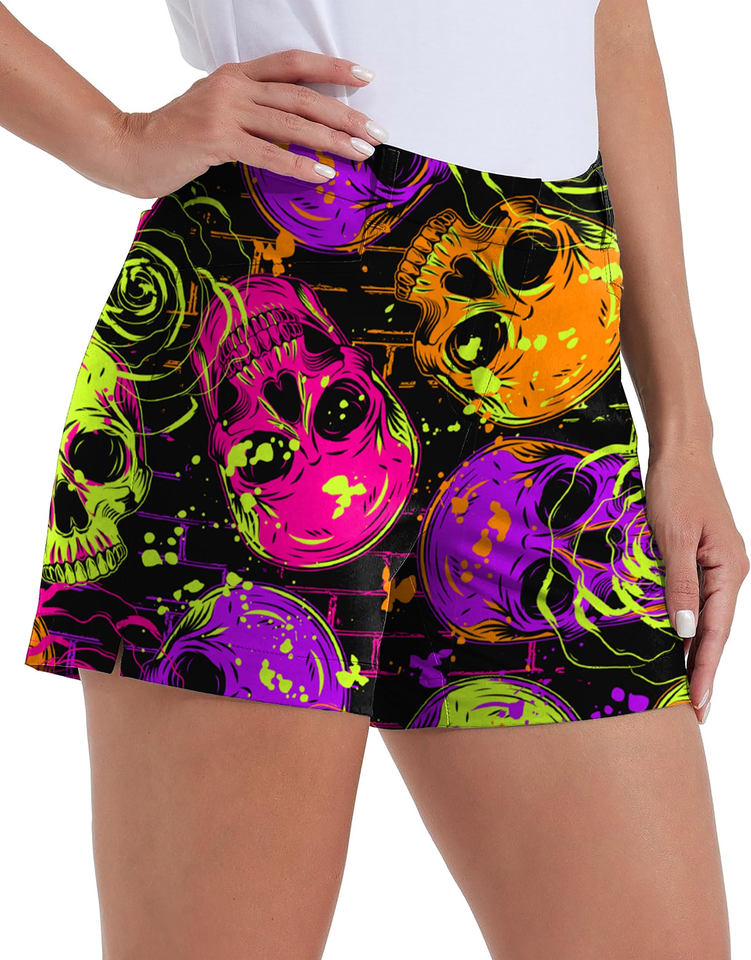 Women's quick-drying Halloween Colors Skull golf shorts with vibrant skull print and pockets