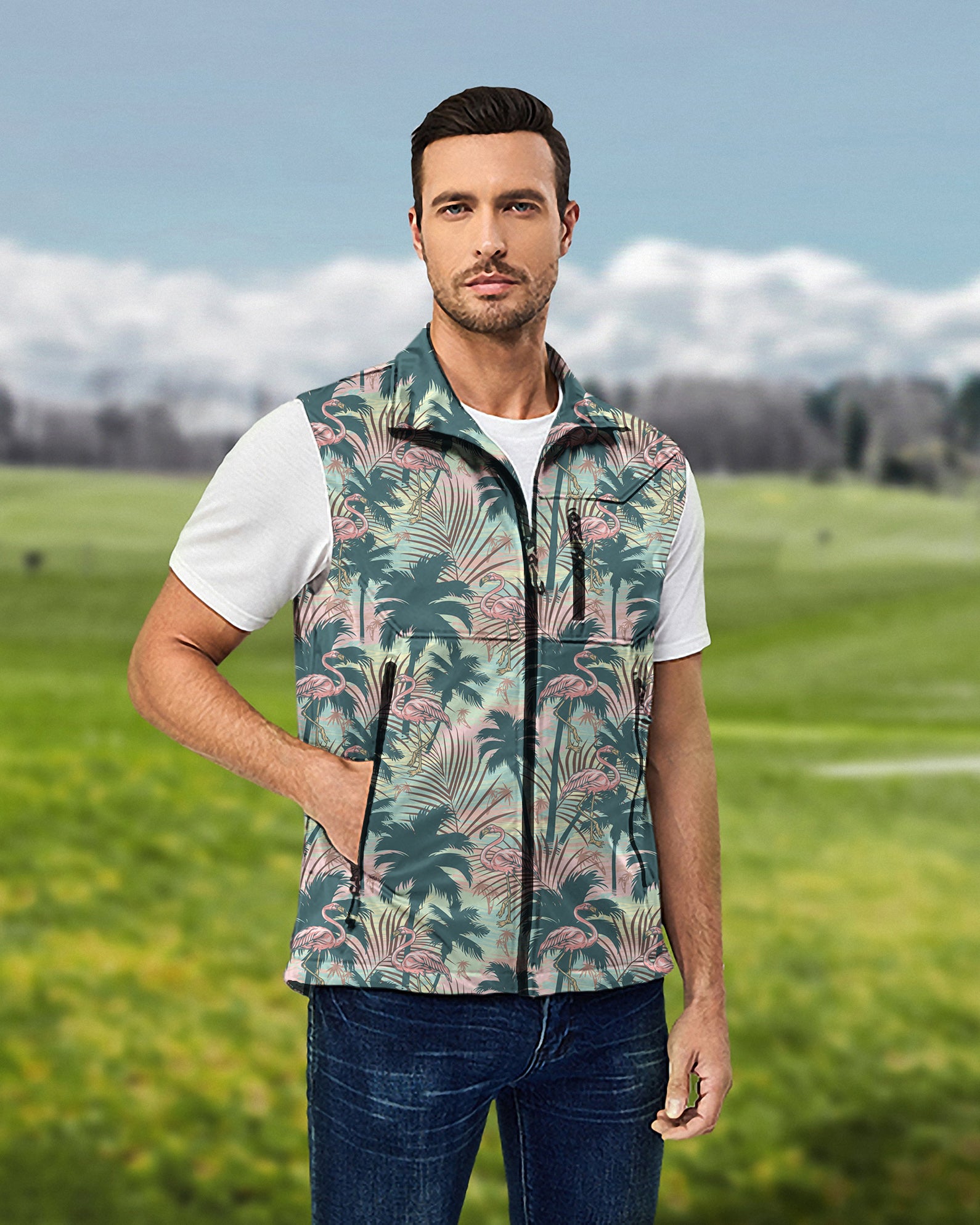 Men's Dazed Flamingo Lightweight Softshell Vest Sleeveless Jacket for Golf Windproof Waterproof