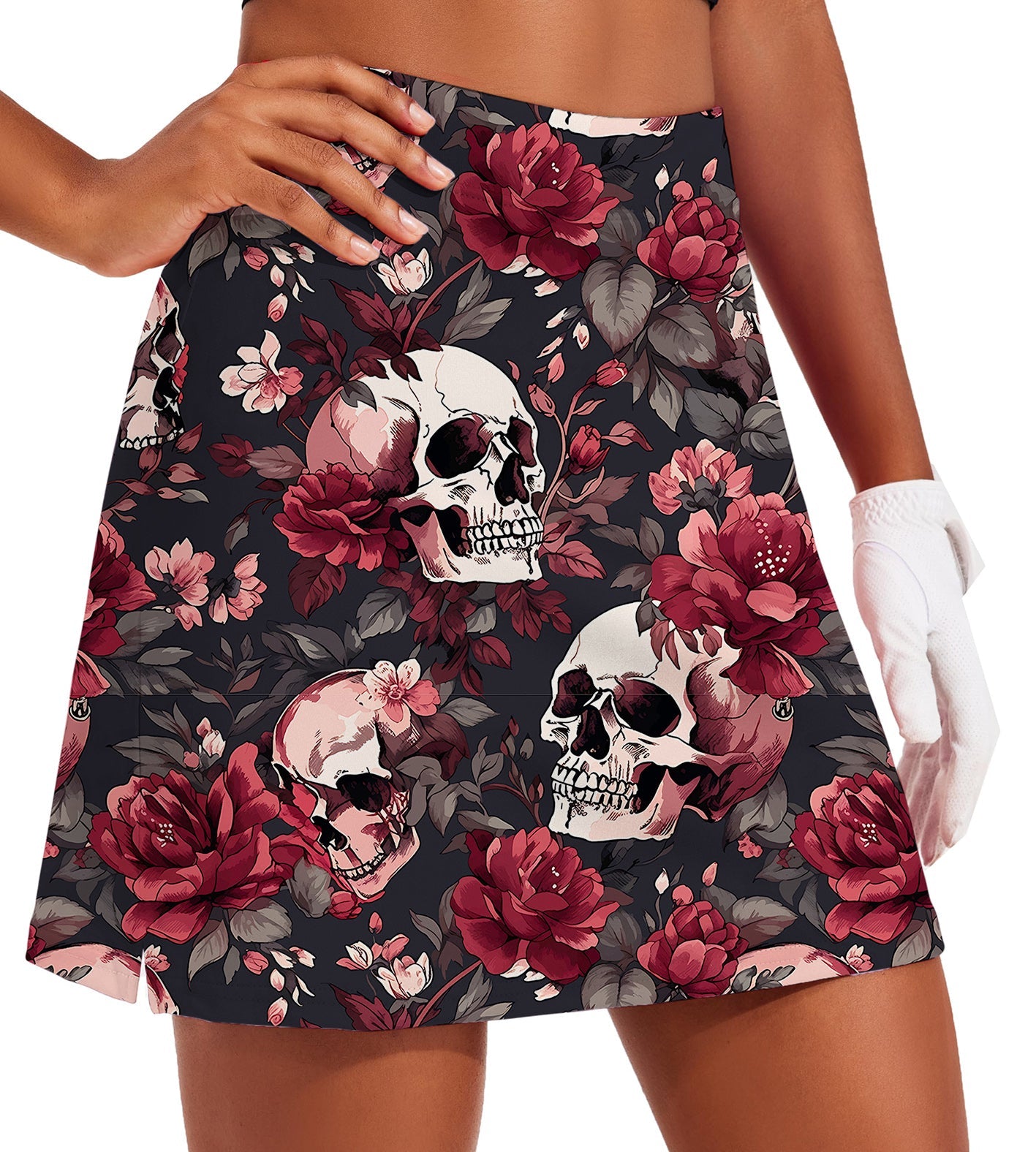 Women's Halloween floral skull golf skirt with inner shorts and pocket