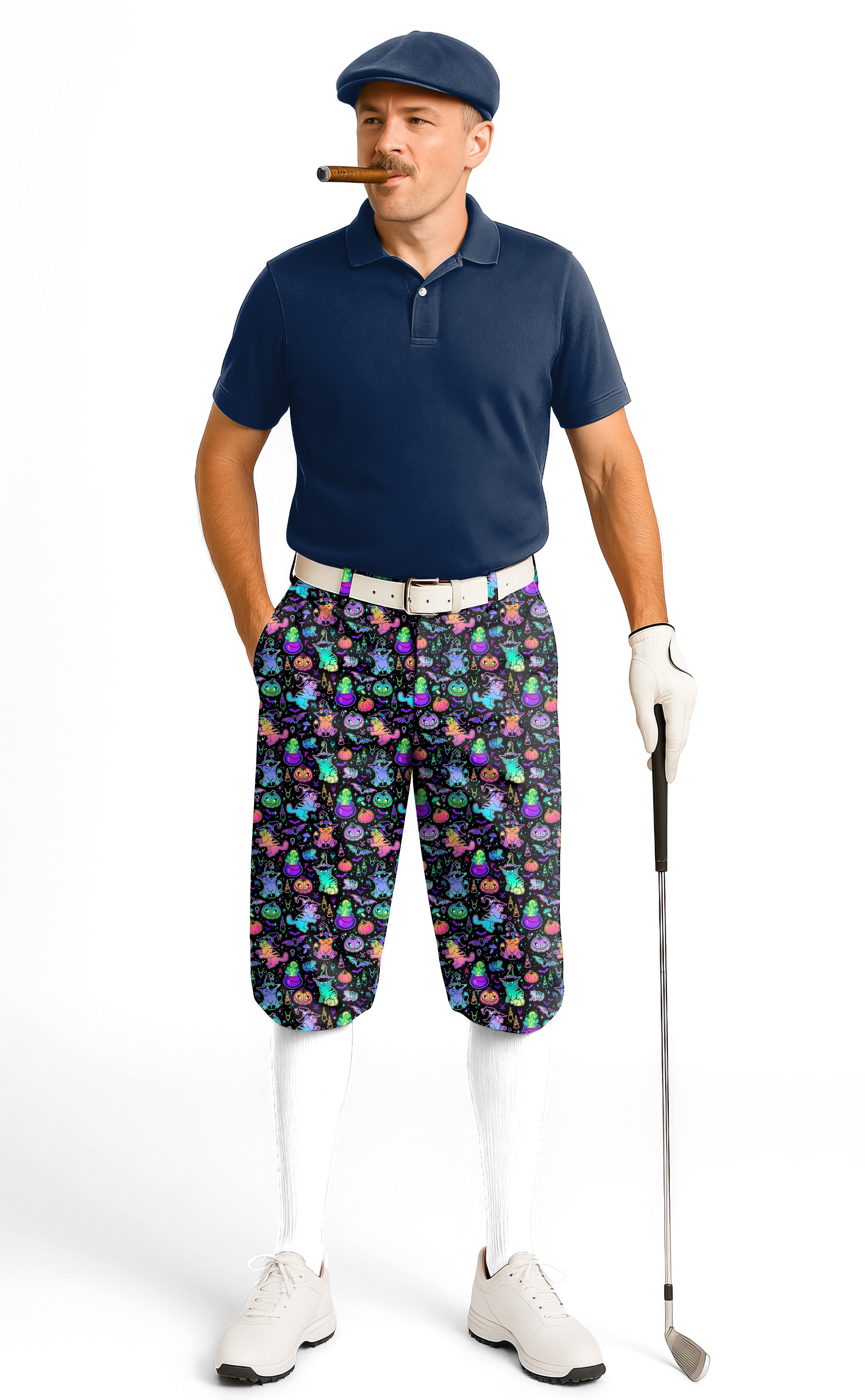 Men wearing Halloween Constellation Cat golf knickers with snug ankle cuffs and performance fabric holding golf club and cigar