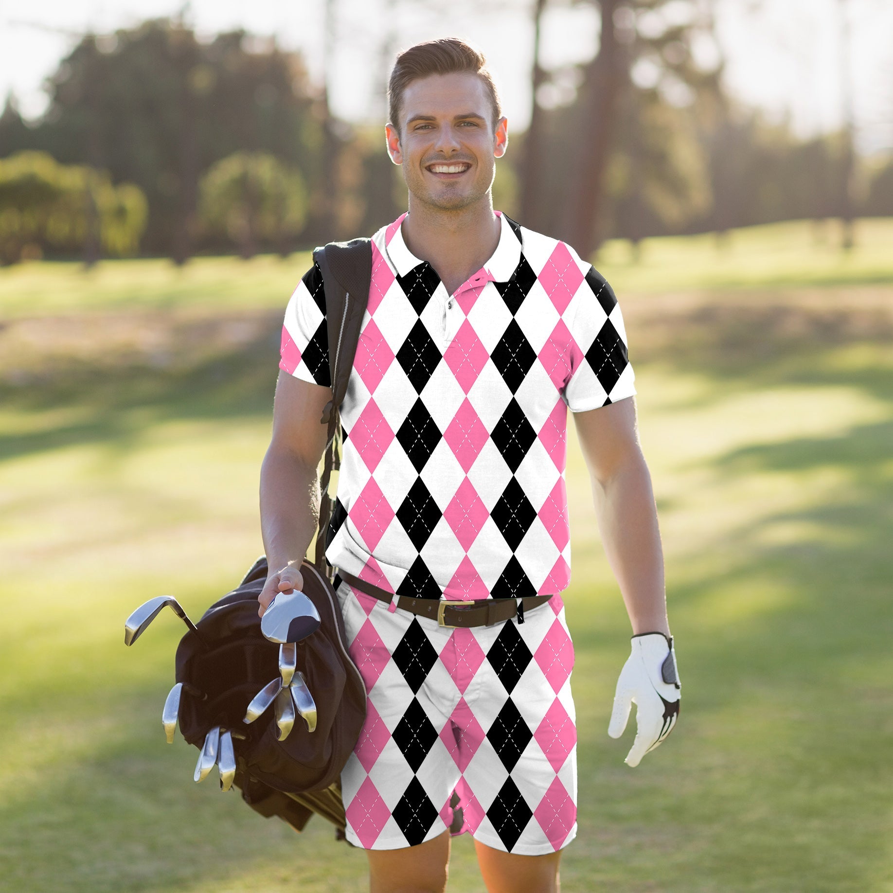 Men's golf set with pink and black argyle polo and shorts, moisture-wicking, four-way stretch, UPF 40+ protection, wrinkle-resistant, classic fit