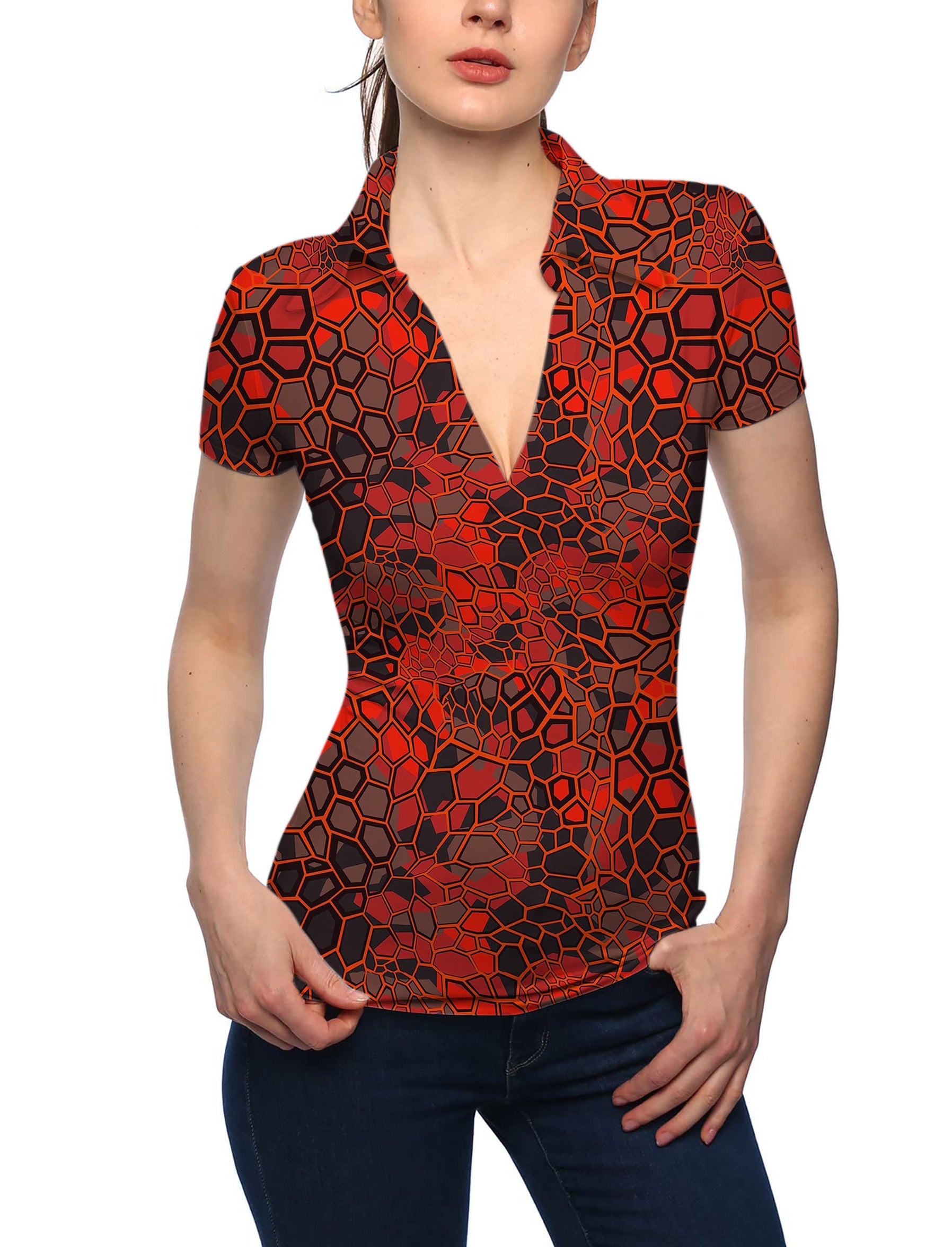 Women's Red Dragonscale V Neck Golf Polo