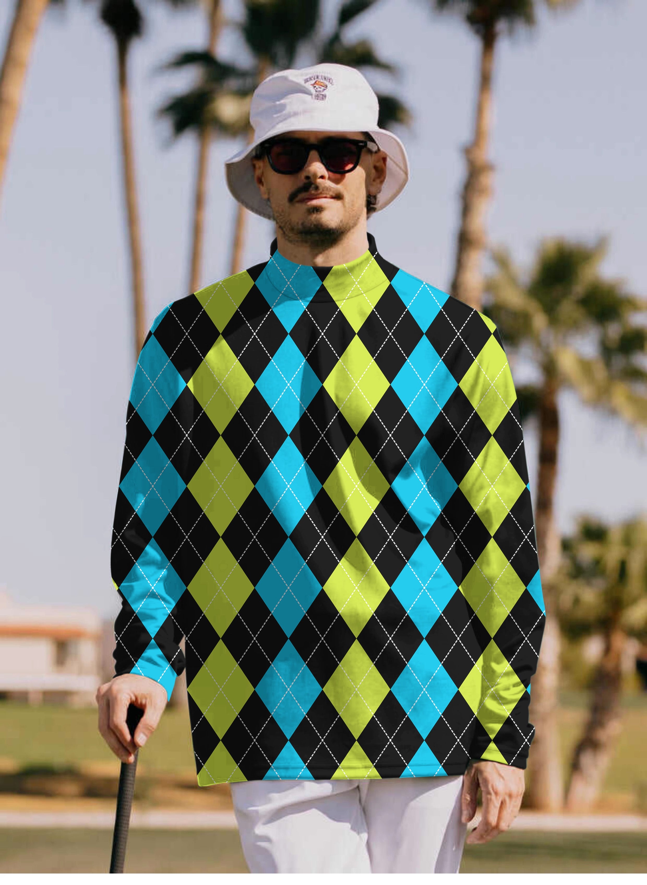 Men's Halloween black green blue argyle pullover high neck long sleeve shirt worn outdoors