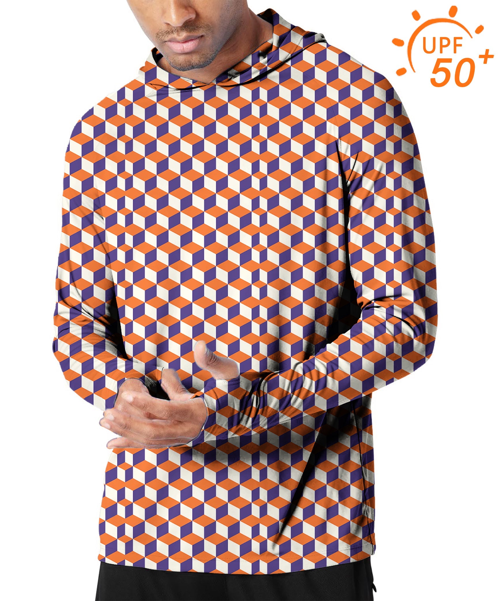 Men's outdoor slim fit orange 3D square box golf sun protection hoodie with UPF 50+ UV protection
