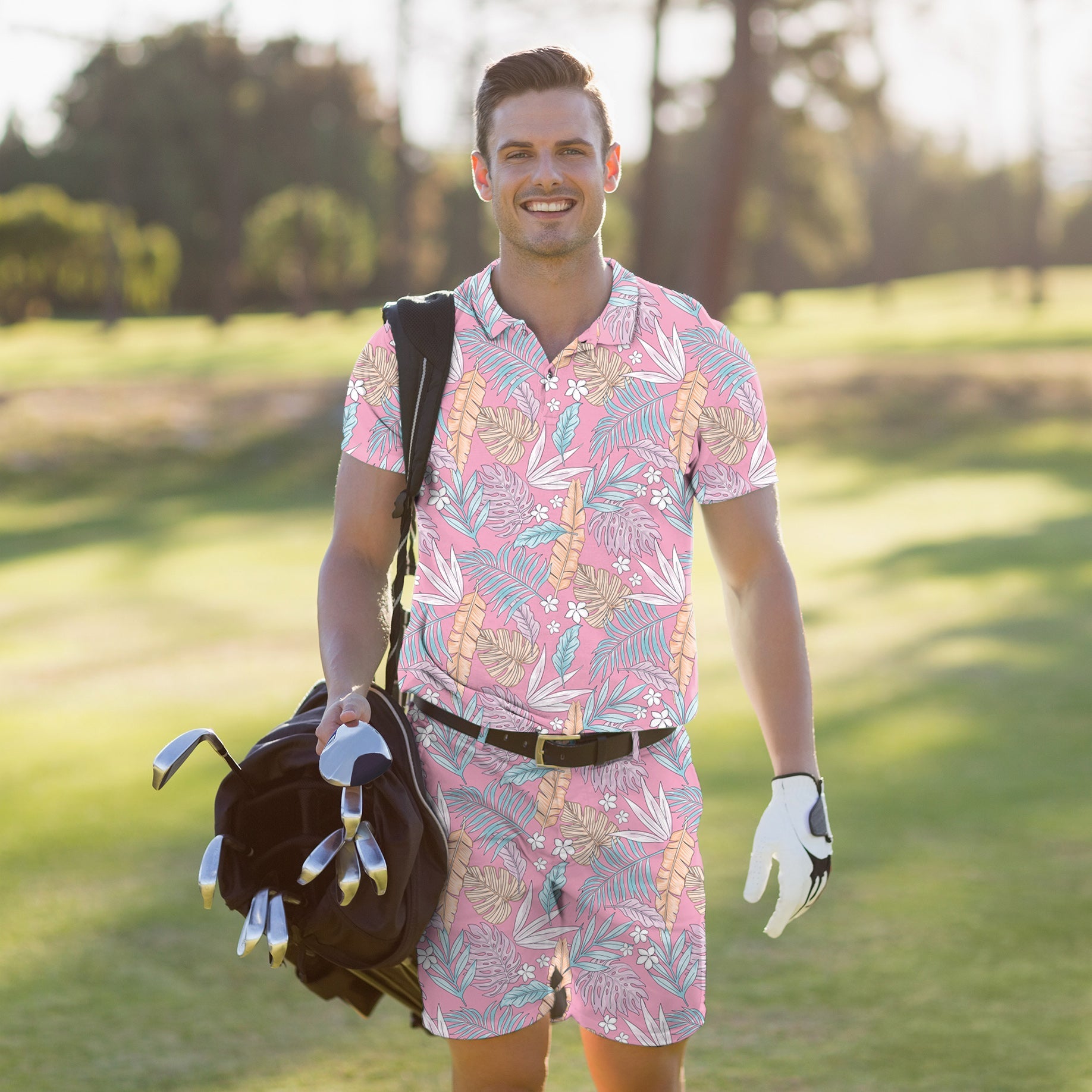 Men's Golf Set Feathered Paradise polo and shorts with floral print, moisture-wicking fabric, and UPF 40+ protection