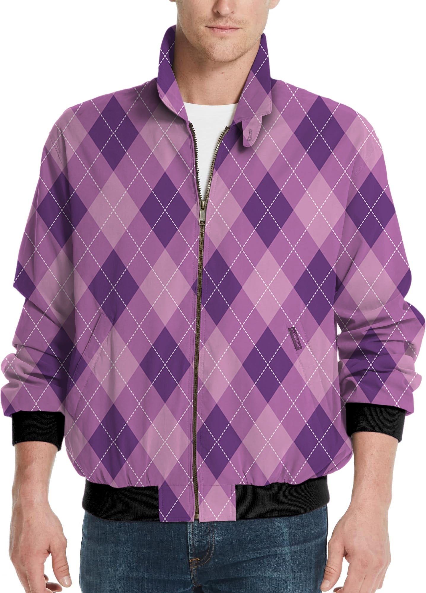 men's purple Argyle golf windbreaker light jacket with zipper and black cuffs