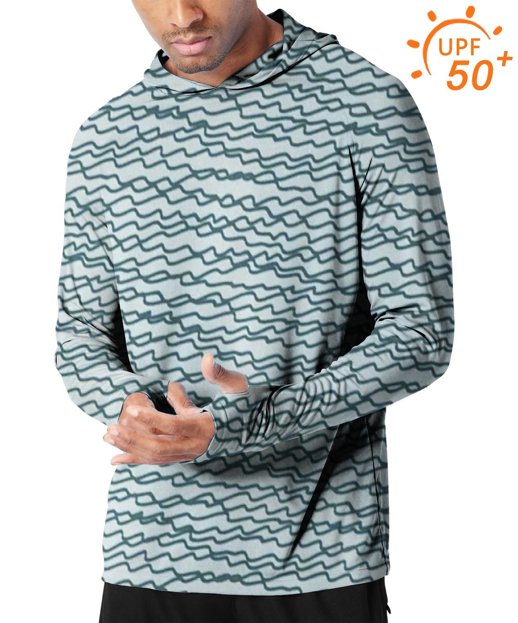 Men's outdoor green hoodie with irregular wavy lines, UPF 50+ sun protection, slim fit, breathable fabric, thumb holes, and hood for golf and outdoor activities