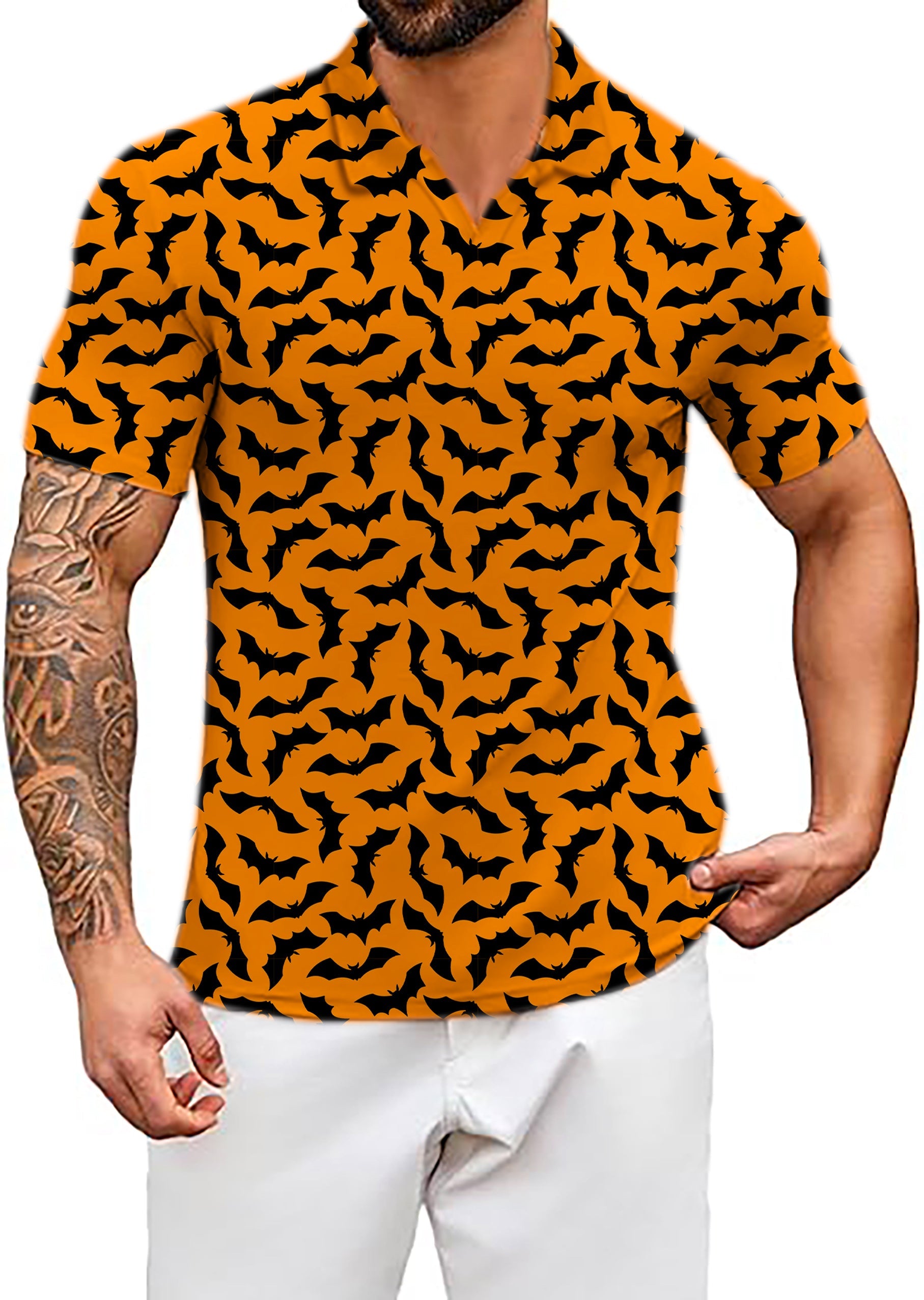 Men's Coconut Palm V-neck golf polo shirt with orange Halloween bat pattern and custom options