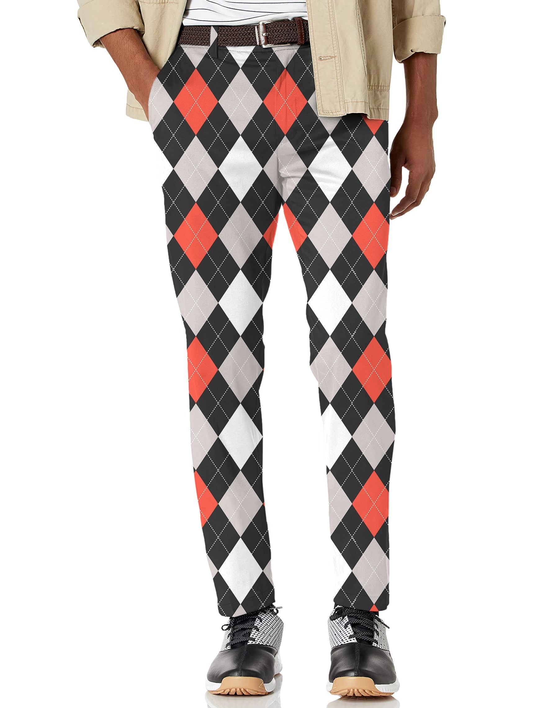 Men's Argyle red black stretch golf pants with moisture-wicking fabric and active waistband