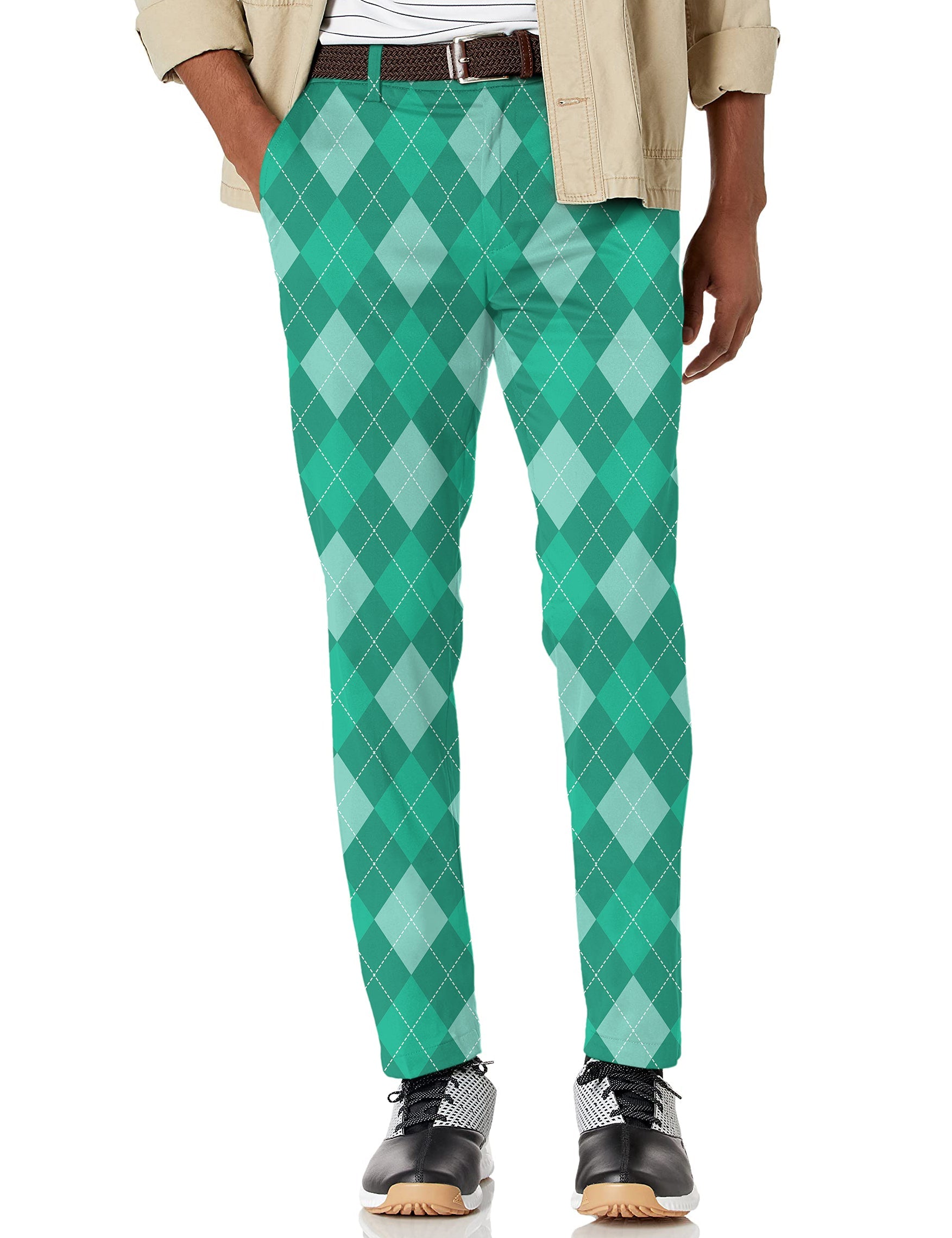 Men's green argyle stretch golf pants with moisture-wicking, wrinkle-resistant fabric and active waistband