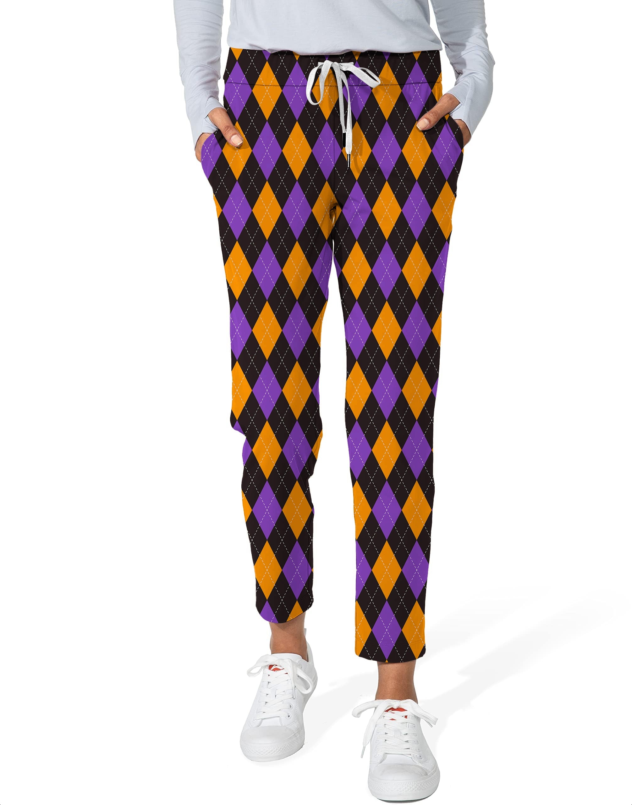Women's 7/8 stretch ankle golf pants with orange purple and black argyle pattern