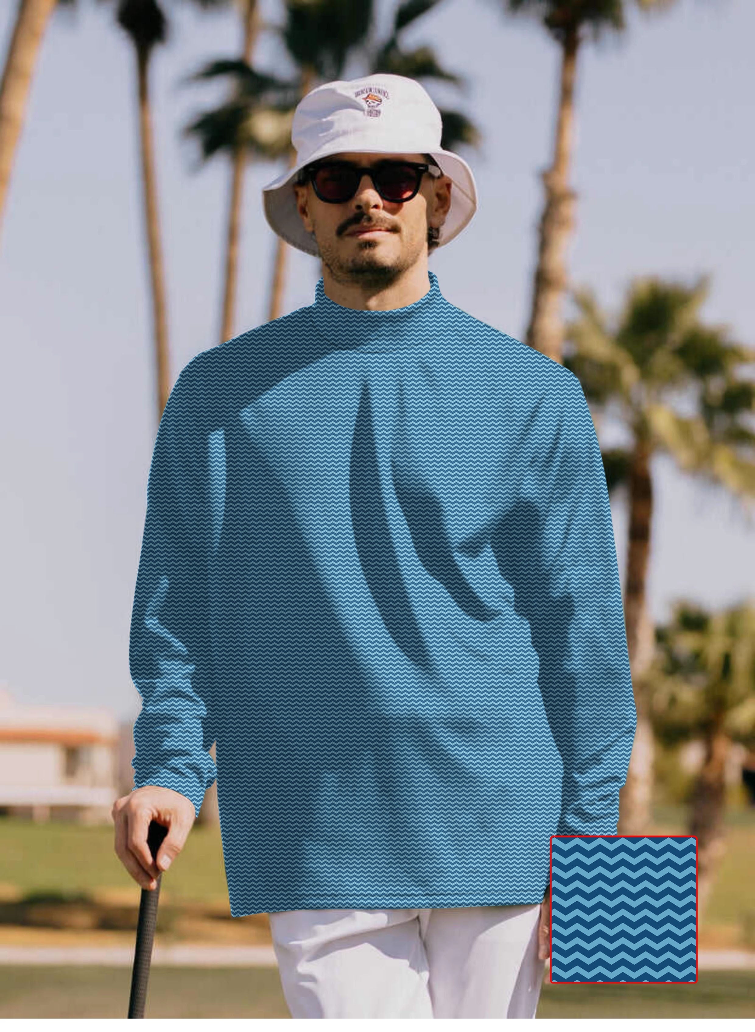 Men's Blue Waves Pullover high neck long sleeve golf shirt with wave pattern
