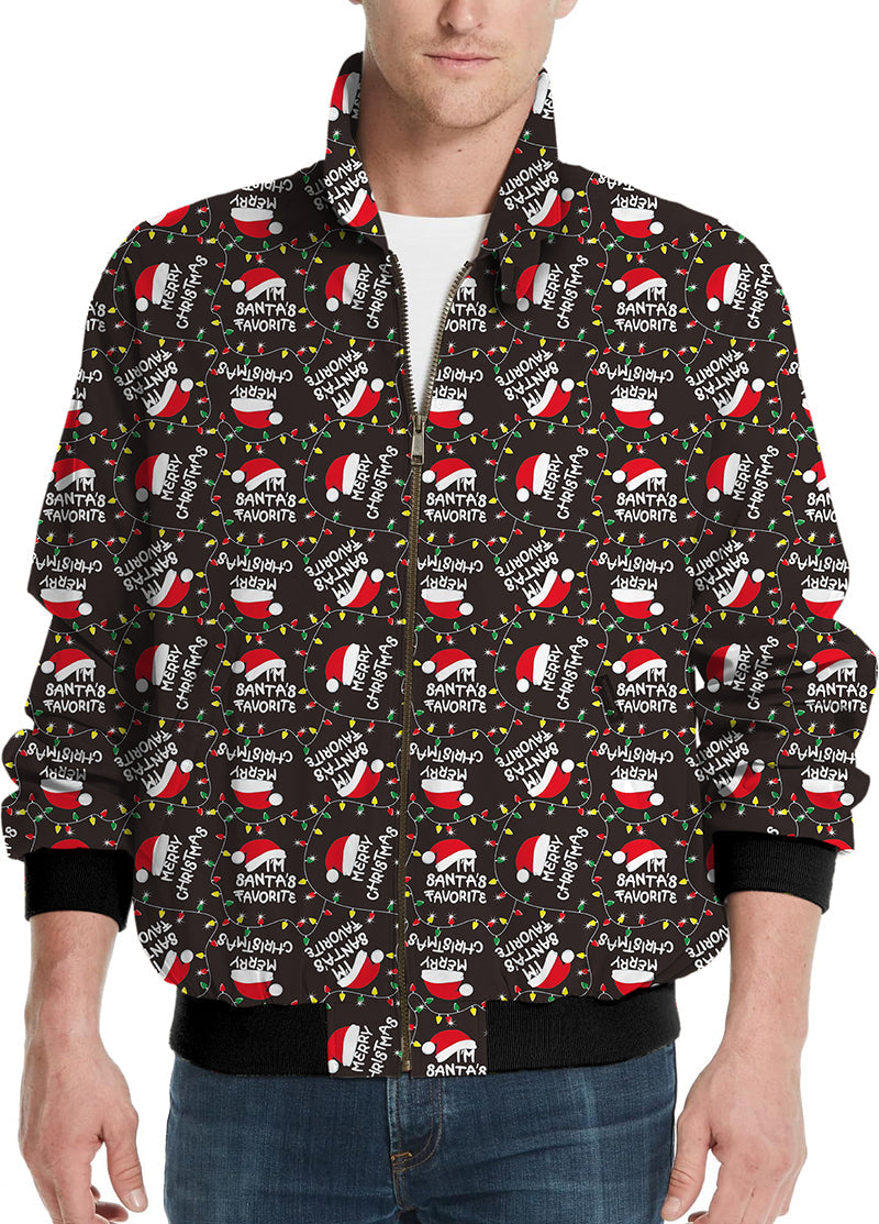 Men's golf windbreaker jacket with black Christmas hat and festive print
