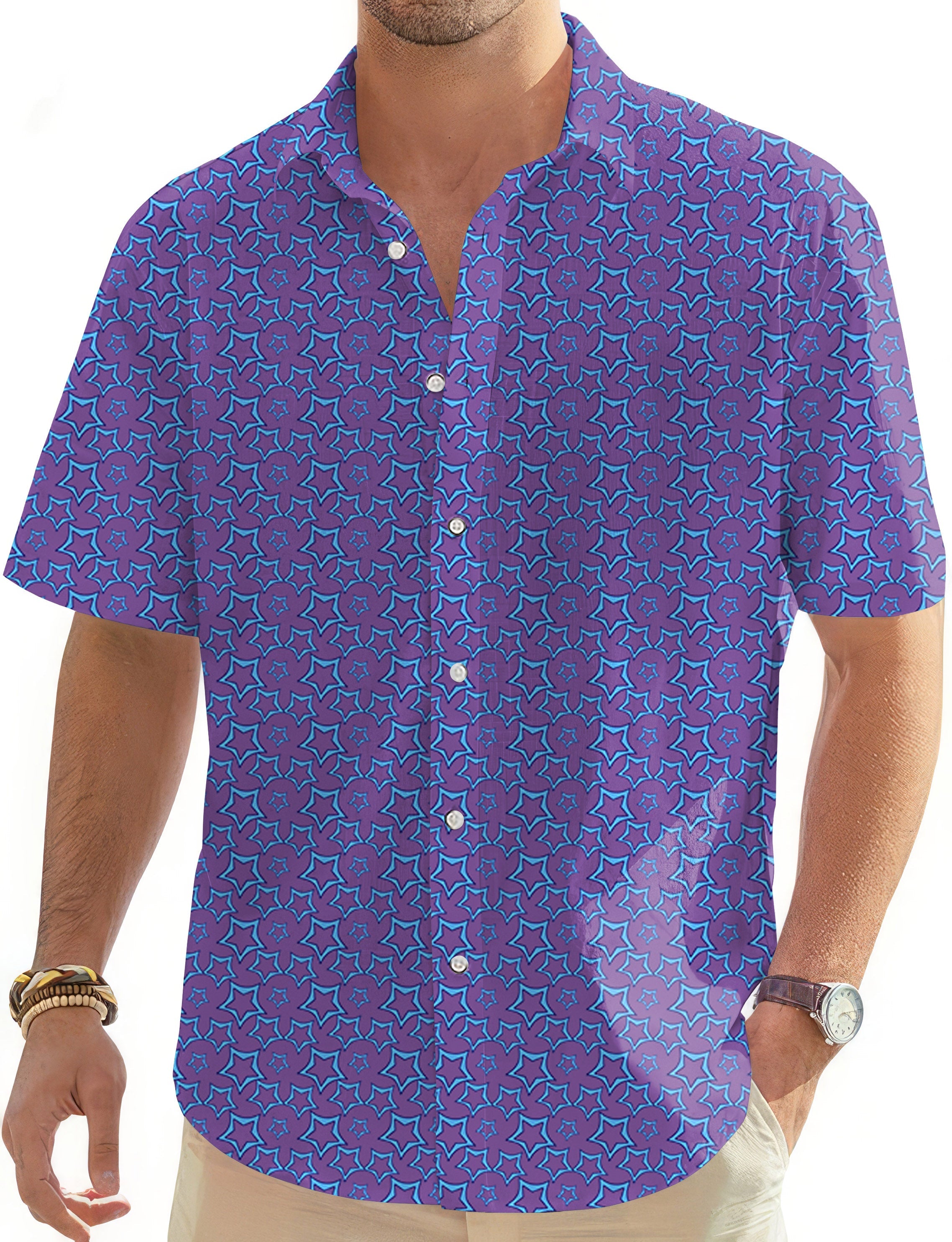 Blue Star Limited Edition men's Hawaiian button-down shirt with star pattern and short sleeves