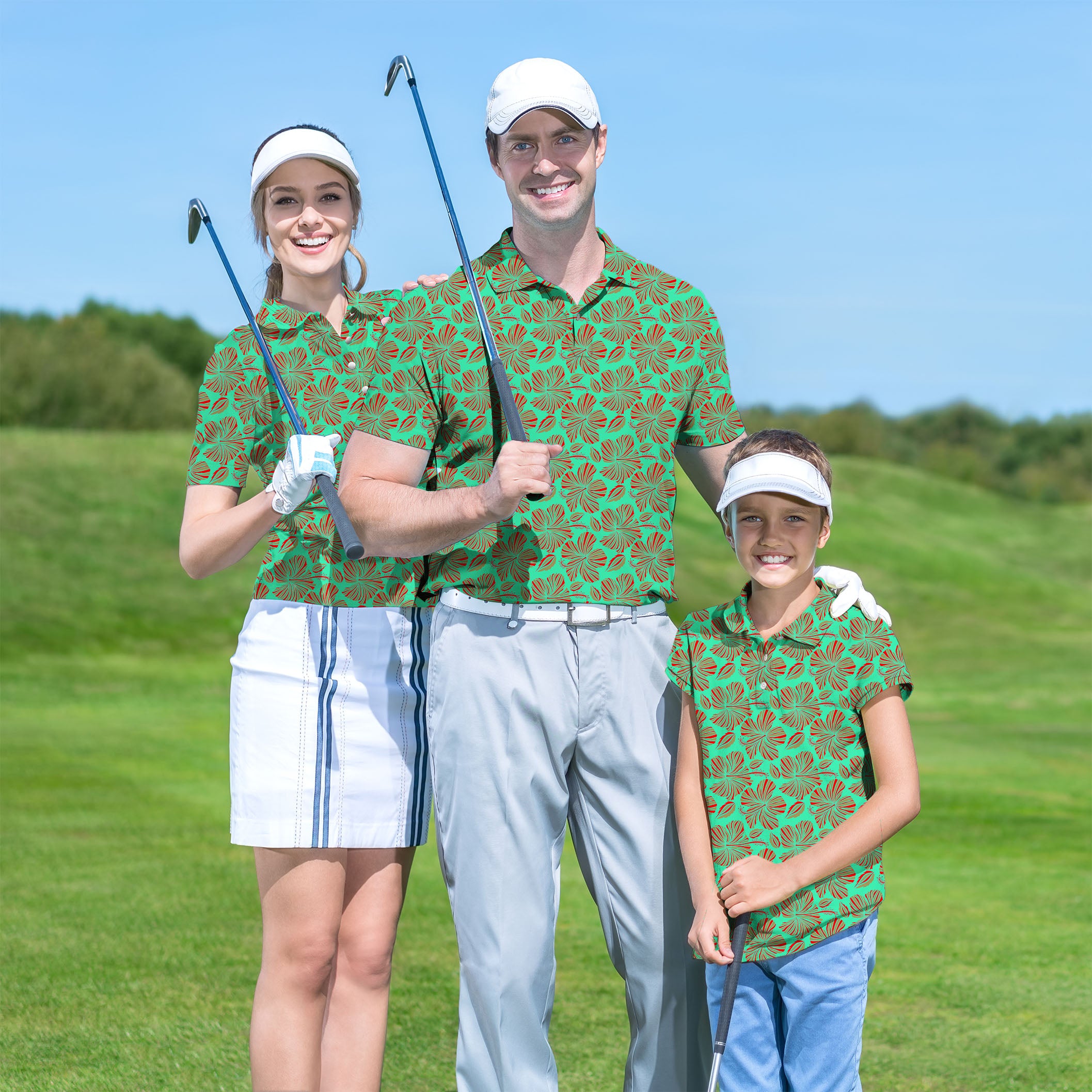 Golf Polo Family set GREEN FLOWERS