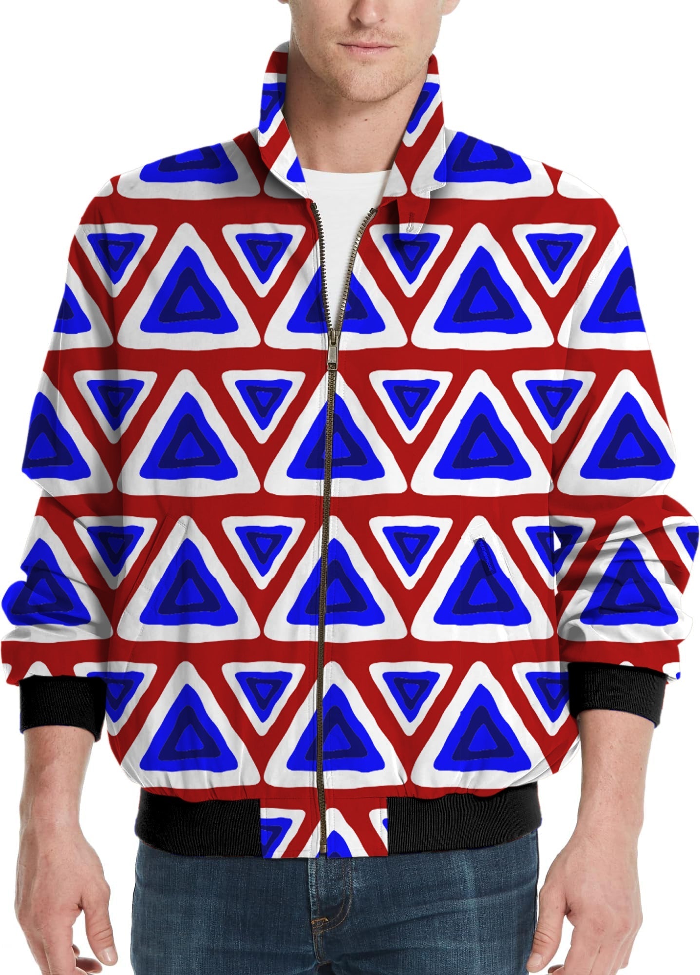 Men's golf windbreaker light jacket with blue and red triangle tribal pattern