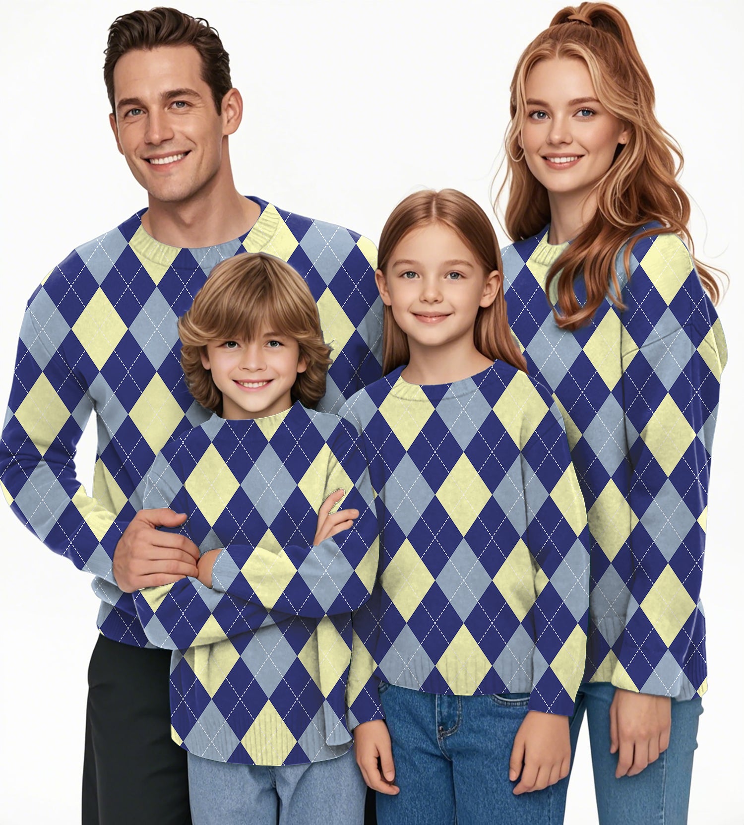 blue Argyle Crewneck Pullover Ugly Sweater Men Women boy girl family