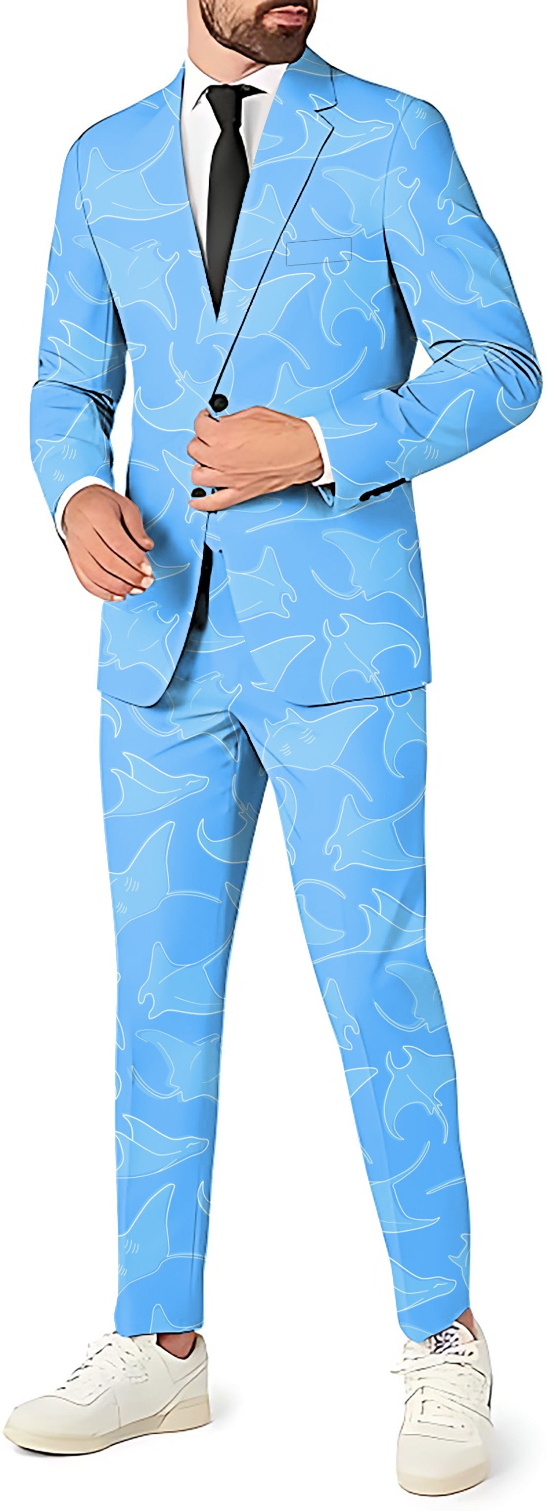 Ocean Rays Men's light blue party suit with blazer, pants, and vest featuring a shark pattern