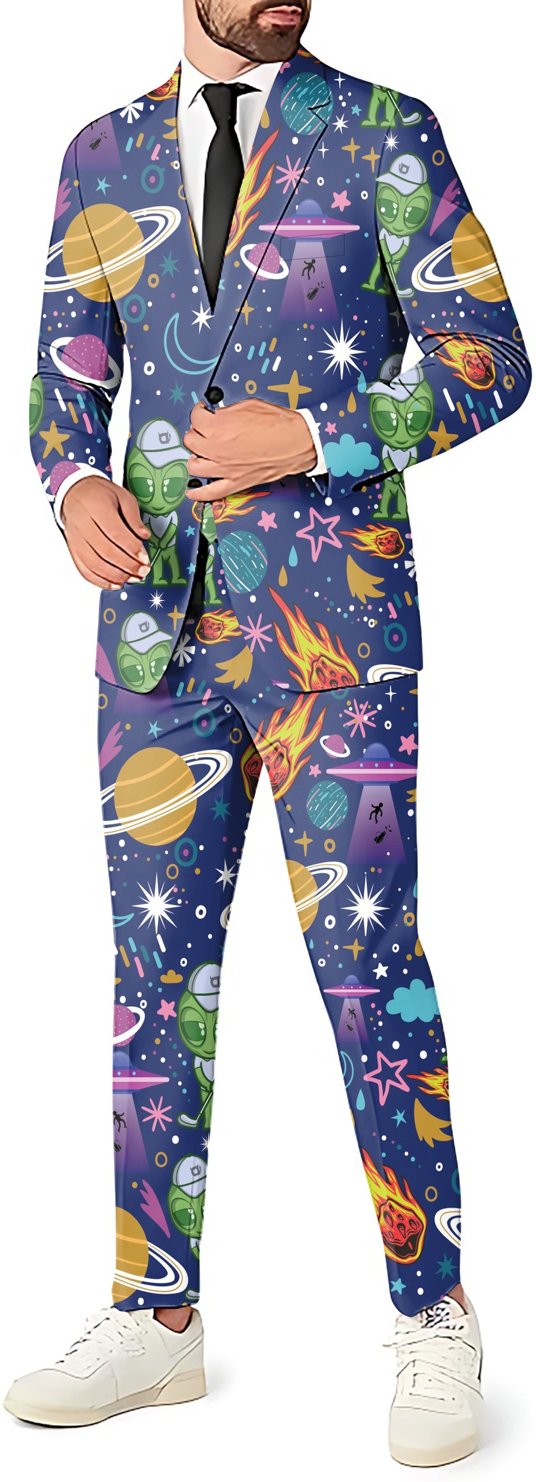 Alien Army Men's party costume suit set with blazer, pants, and vest featuring space and alien designs