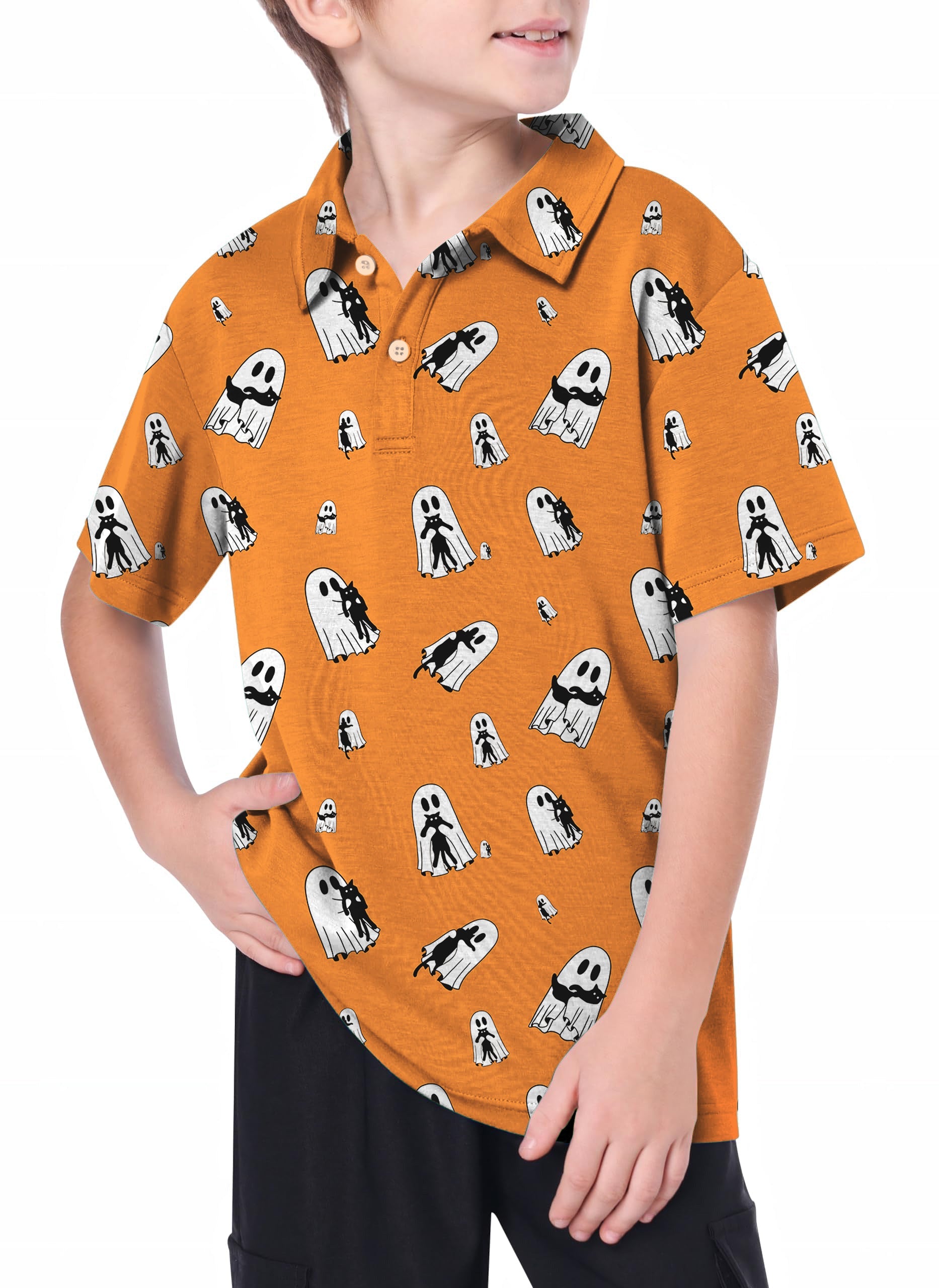 Youth golf polo with Halloween ghost pattern and moisture-wicking fabric