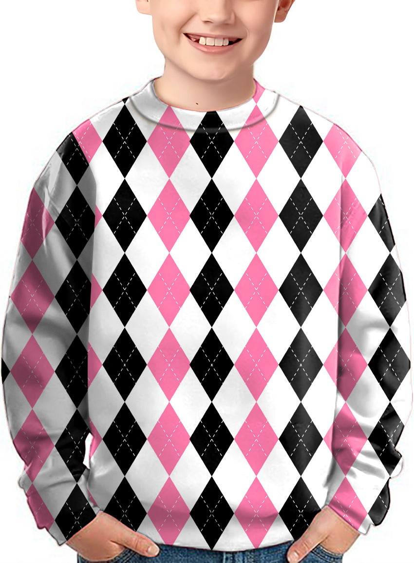 Kids pink black argyle crewneck pullover ugly sweater