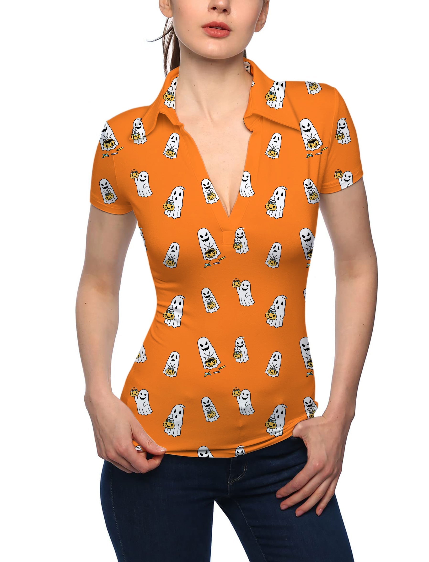 Women's Halloween ghost pumpkin basket orange V-neck golf polo shirt with ghost prints